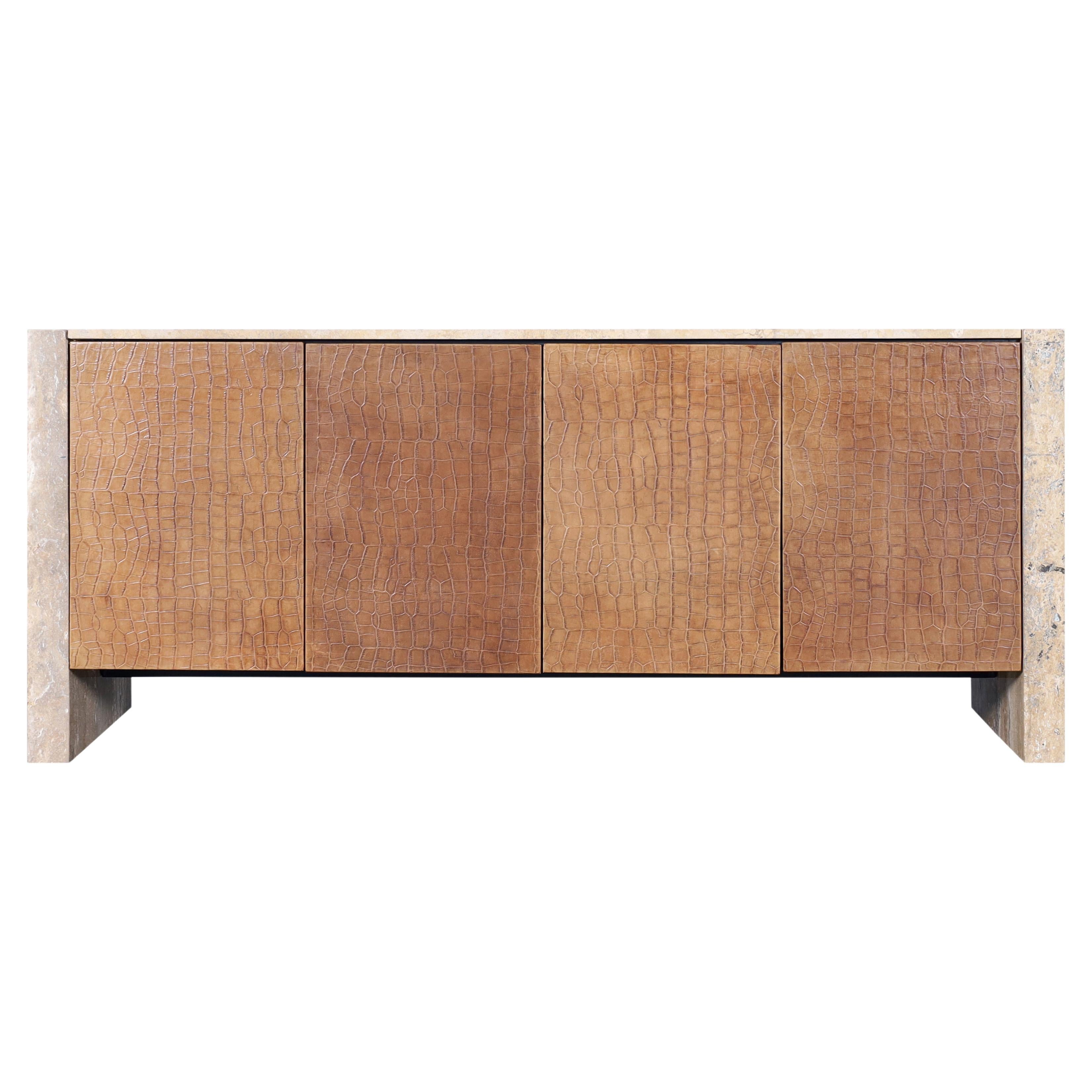 Vintage Travertine and Leather Credenza