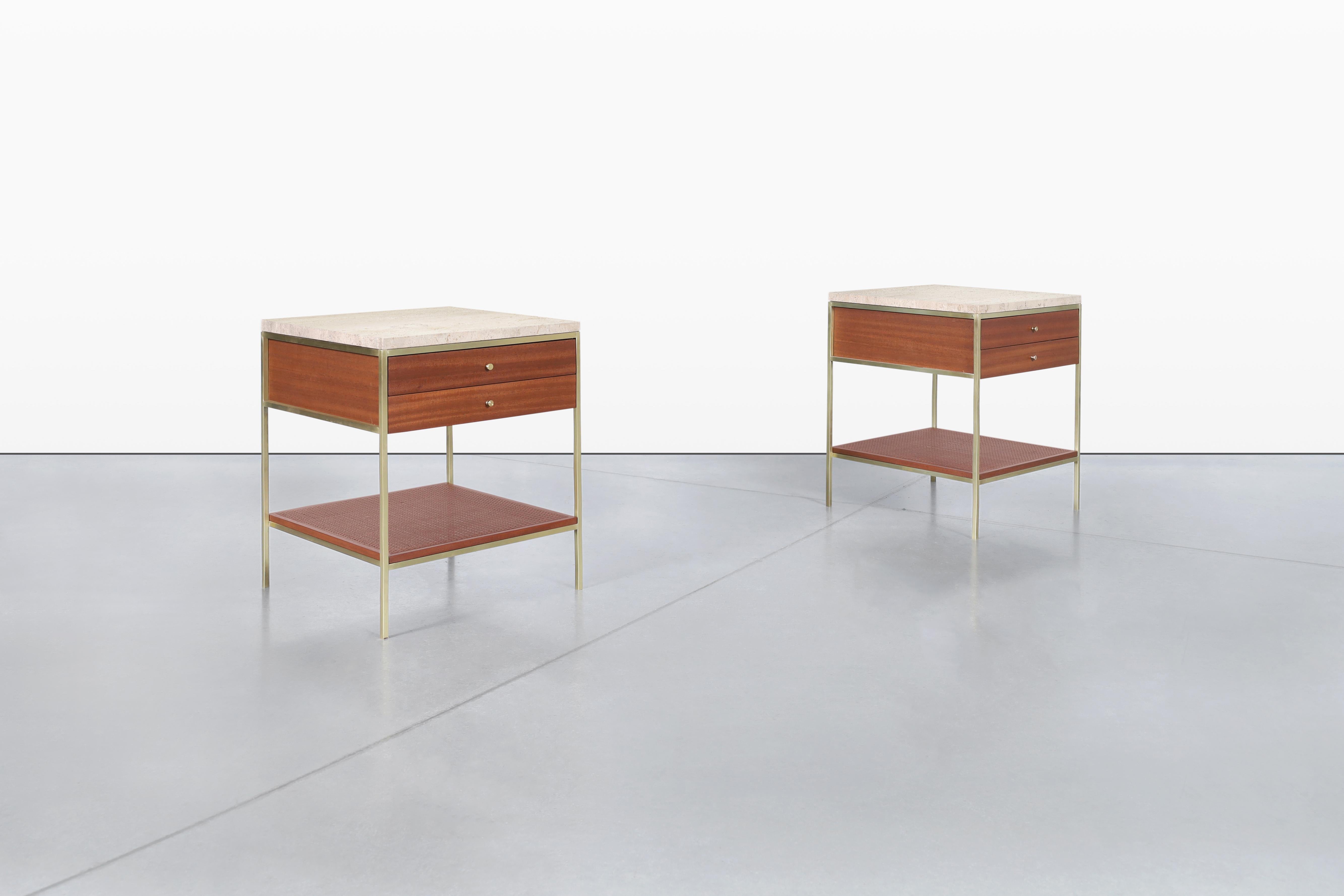 Américain Tables de nuit vintage en travertin et acajou 