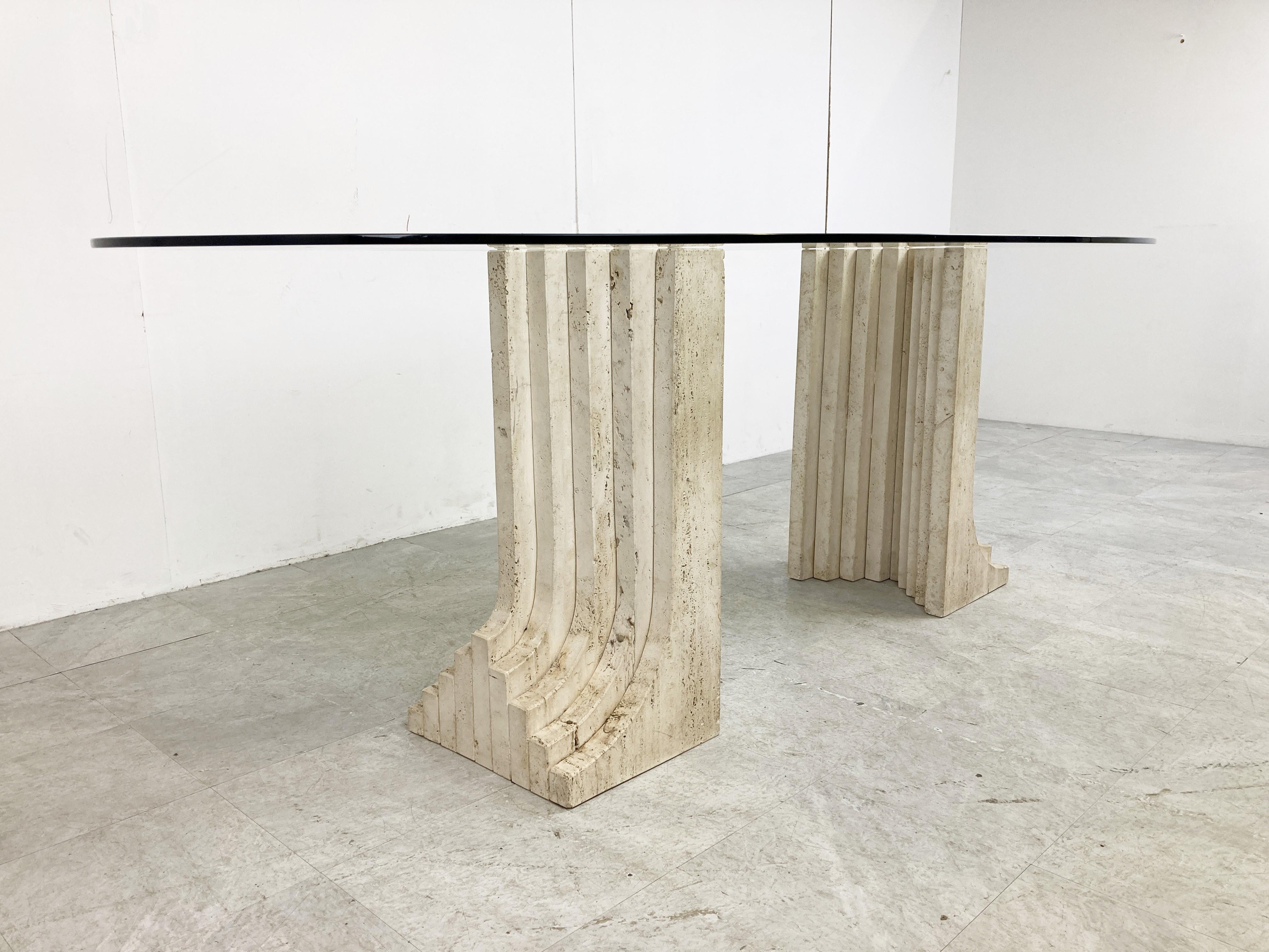 Glass Vintage Travertine Carlo Scarpa Style Dining Table, 1970s