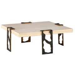 Mesa de cóctel vintage de travertino con detalles de bronce de Willy Ceysens