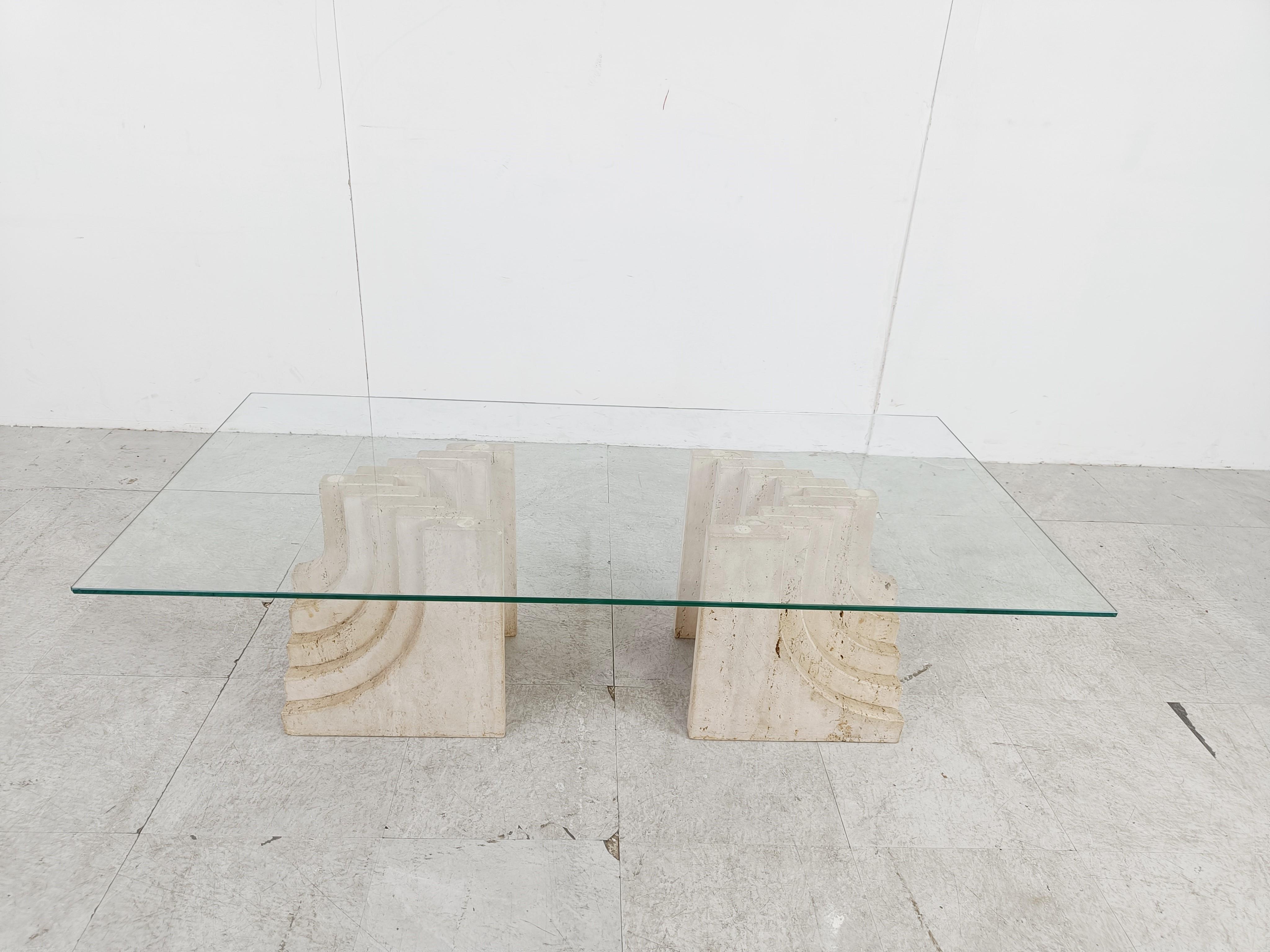 Glass Vintage travertine coffee table Italy , 1970s