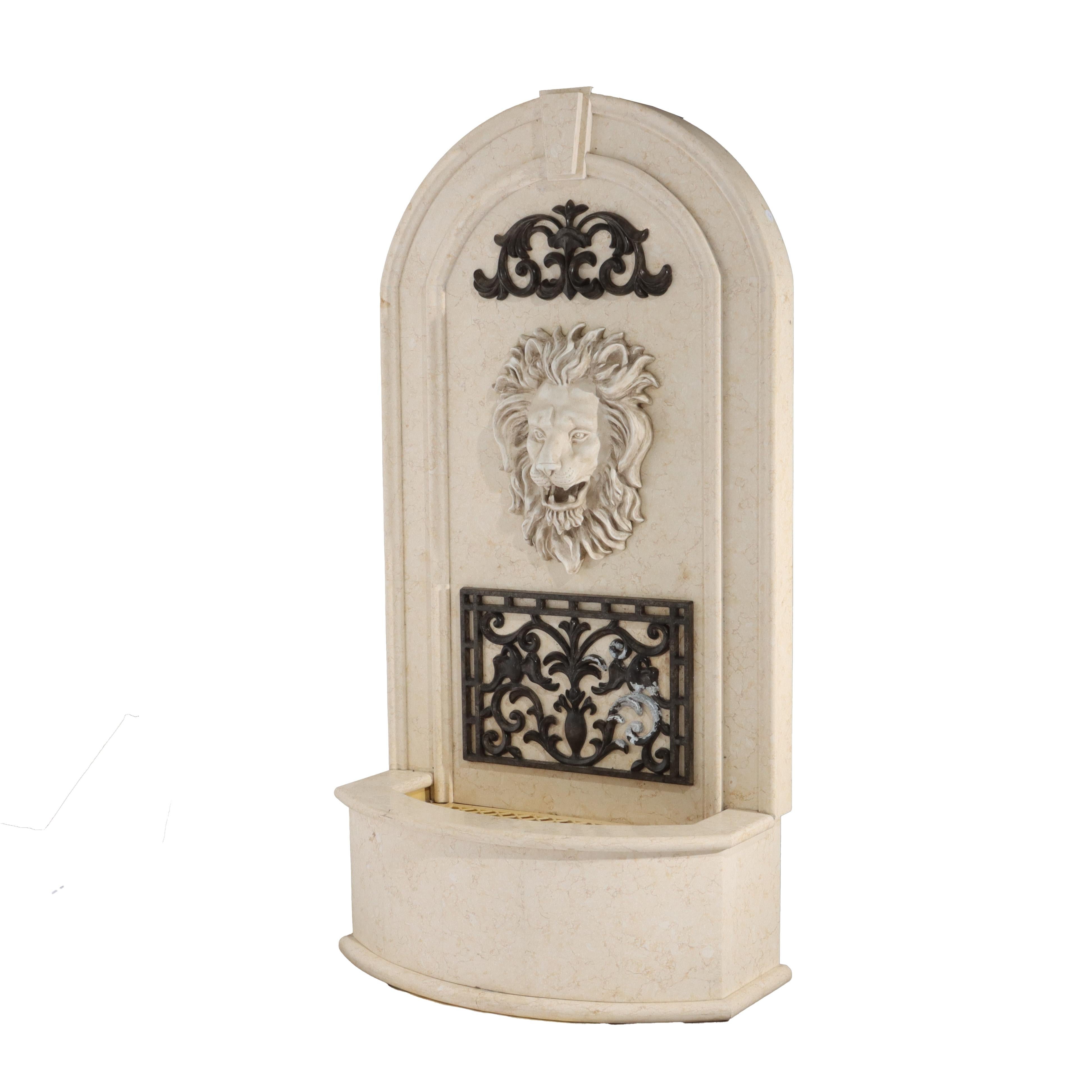 Vintage Travertine Composite Classical Figural Lion Wall Fountain 20thC In Good Condition For Sale In Big Flats, NY