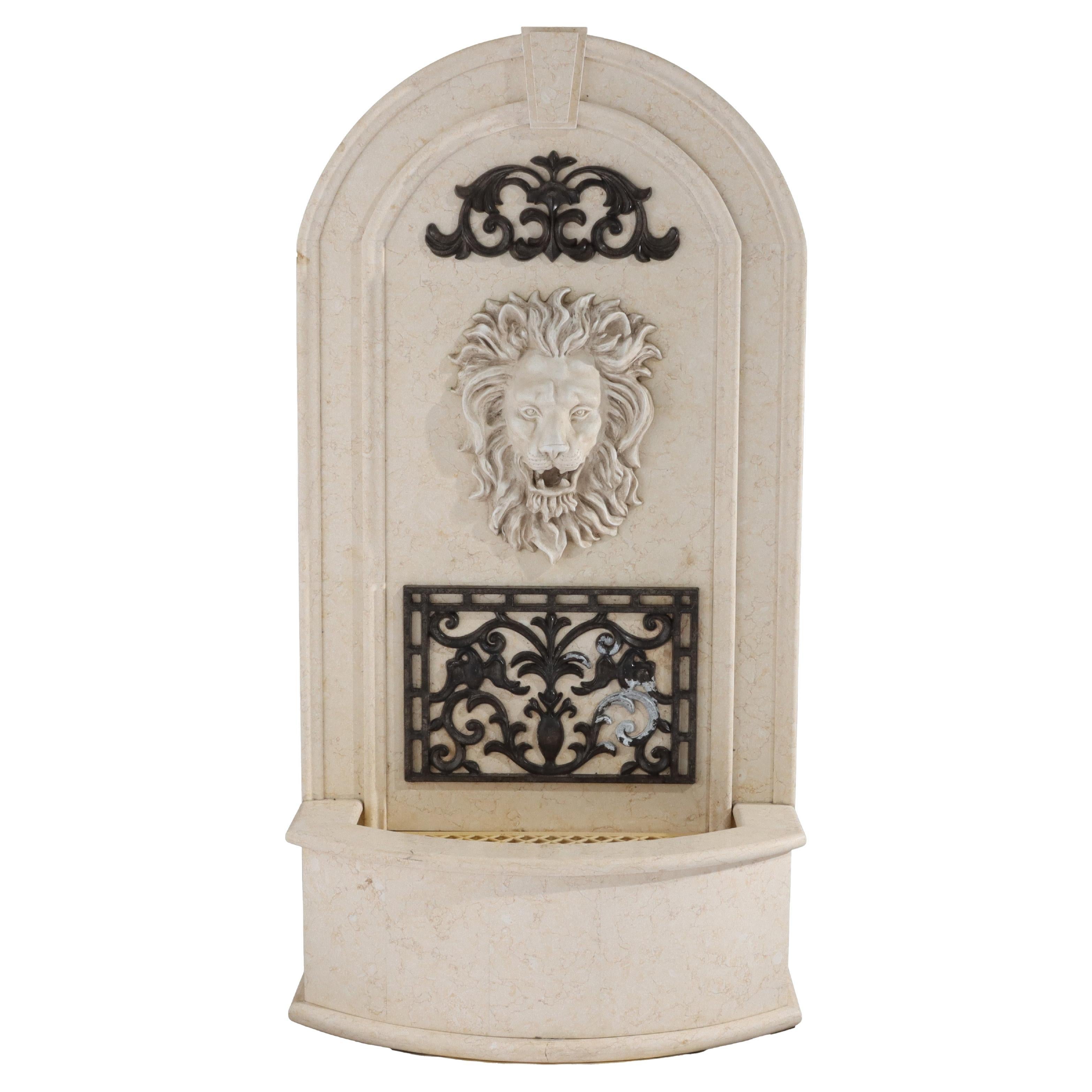 Vintage Travertine Composite Classical Figural Lion Wall Fountain 20thC For Sale