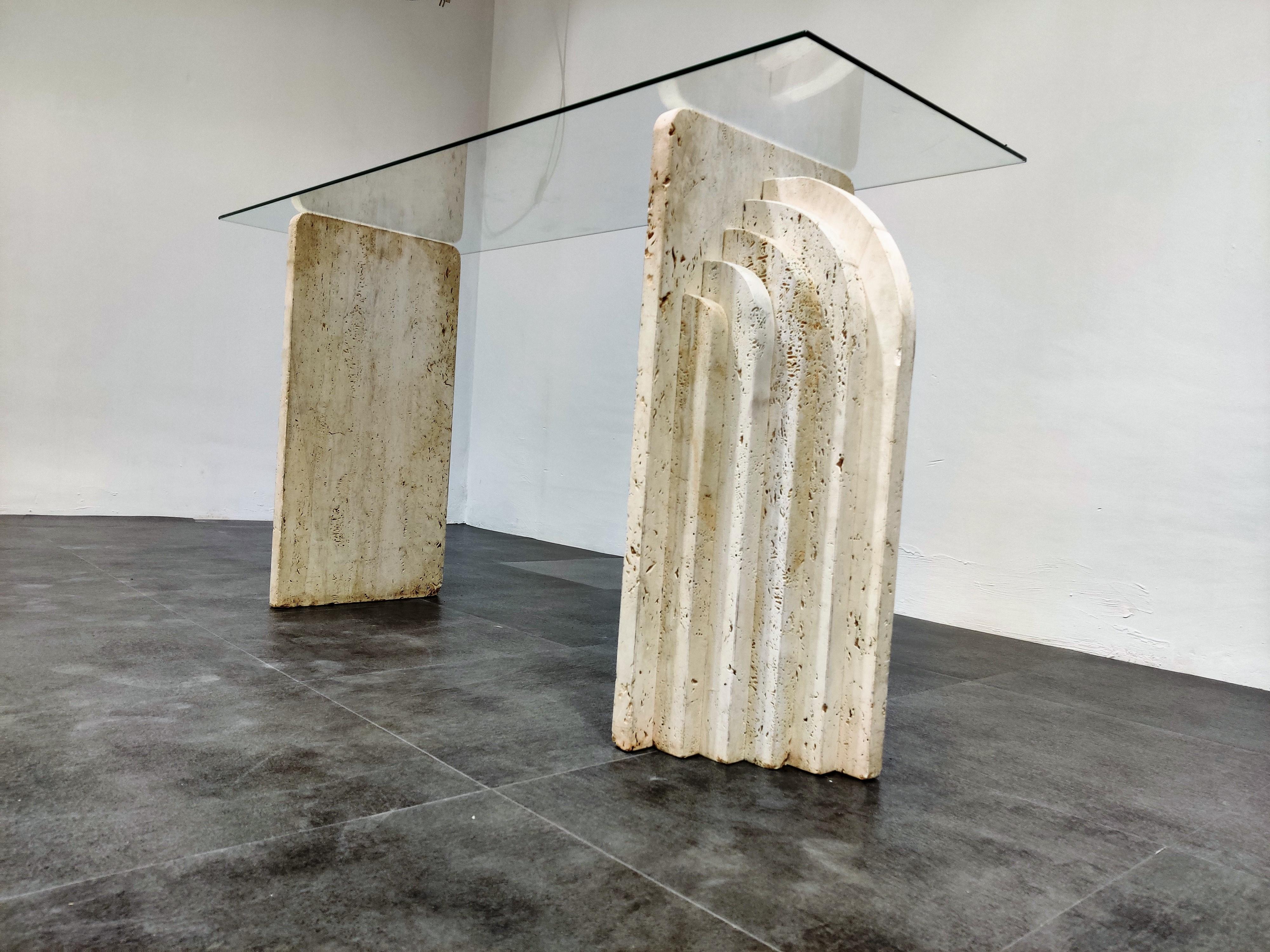 Glass Vintage Travertine Console Table, 1970s
