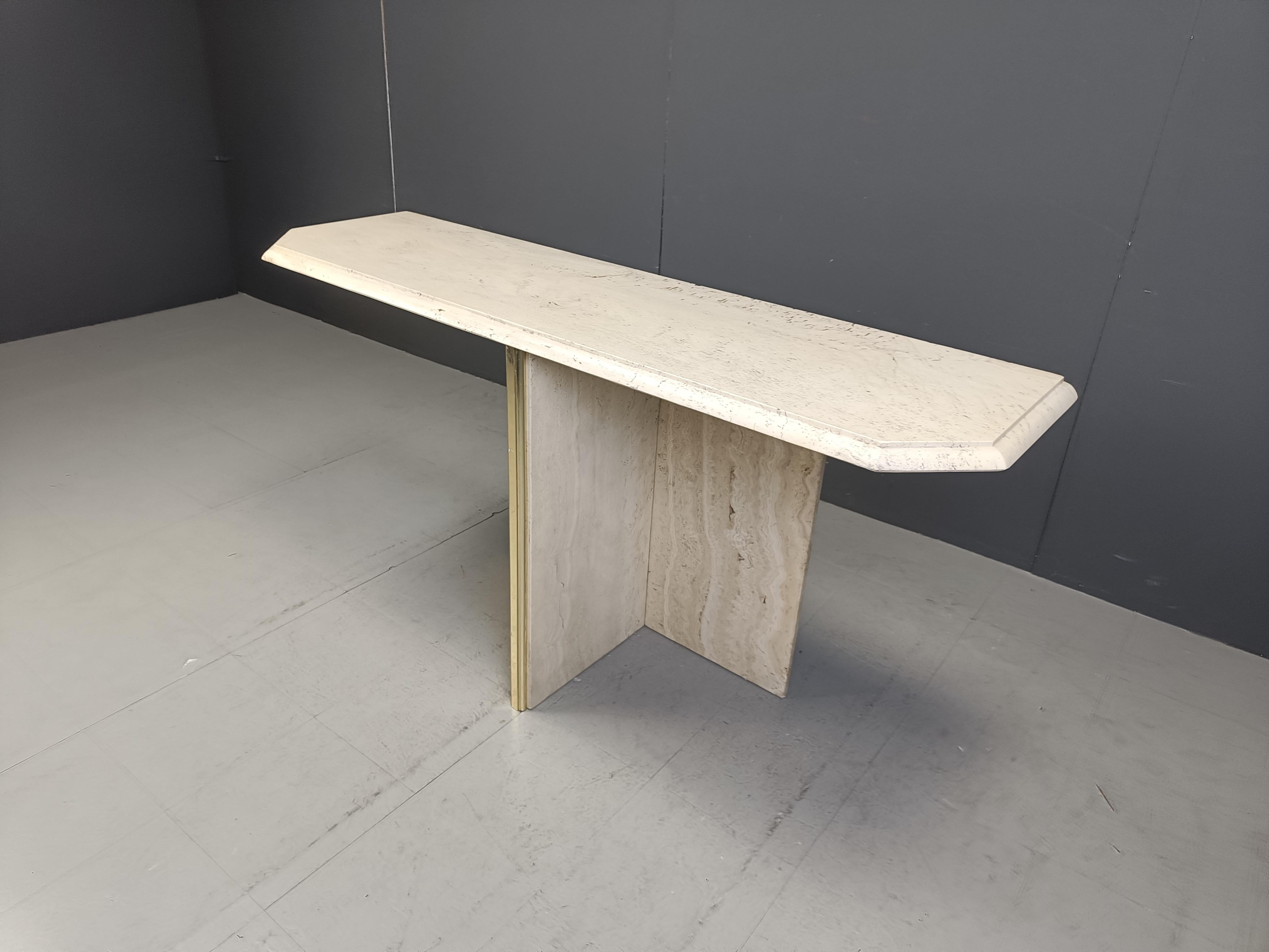 Brass Vintage travertine console table, 1970s For Sale