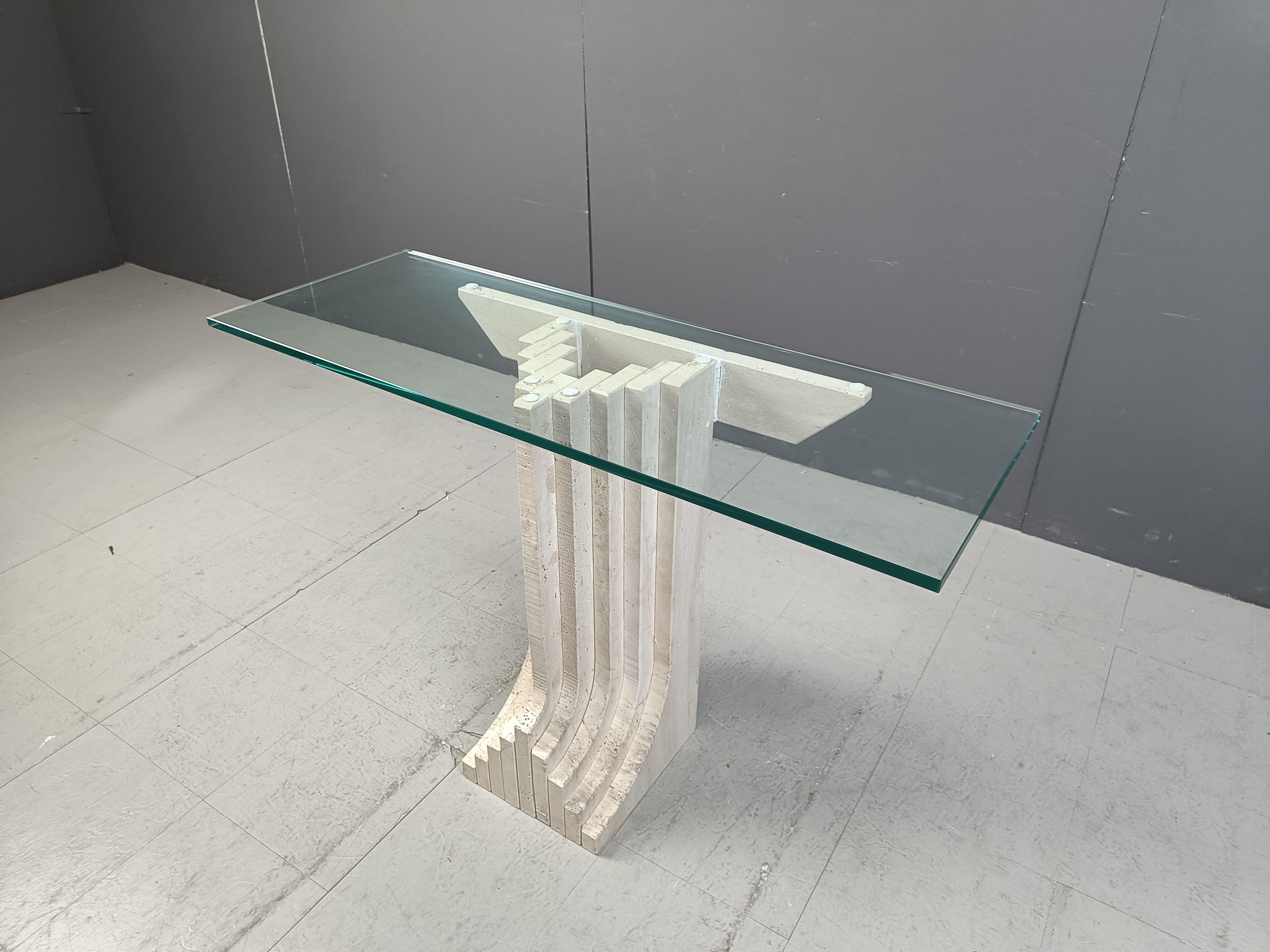Glass Vintage travertine console table in the manner of Carlo Scarpa , 1970s For Sale
