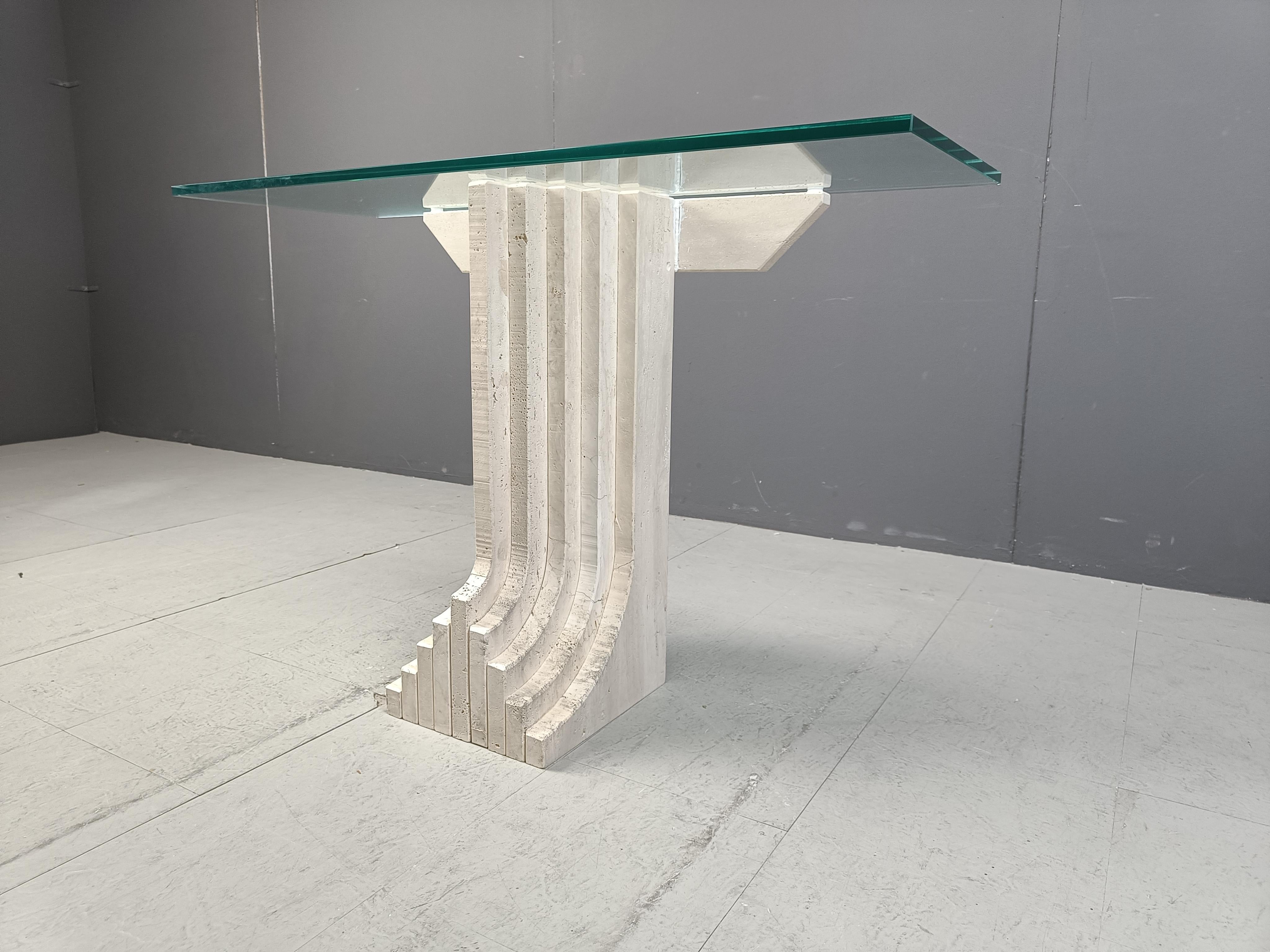 Vintage travertine console table in the manner of Carlo Scarpa , 1970s For Sale 1