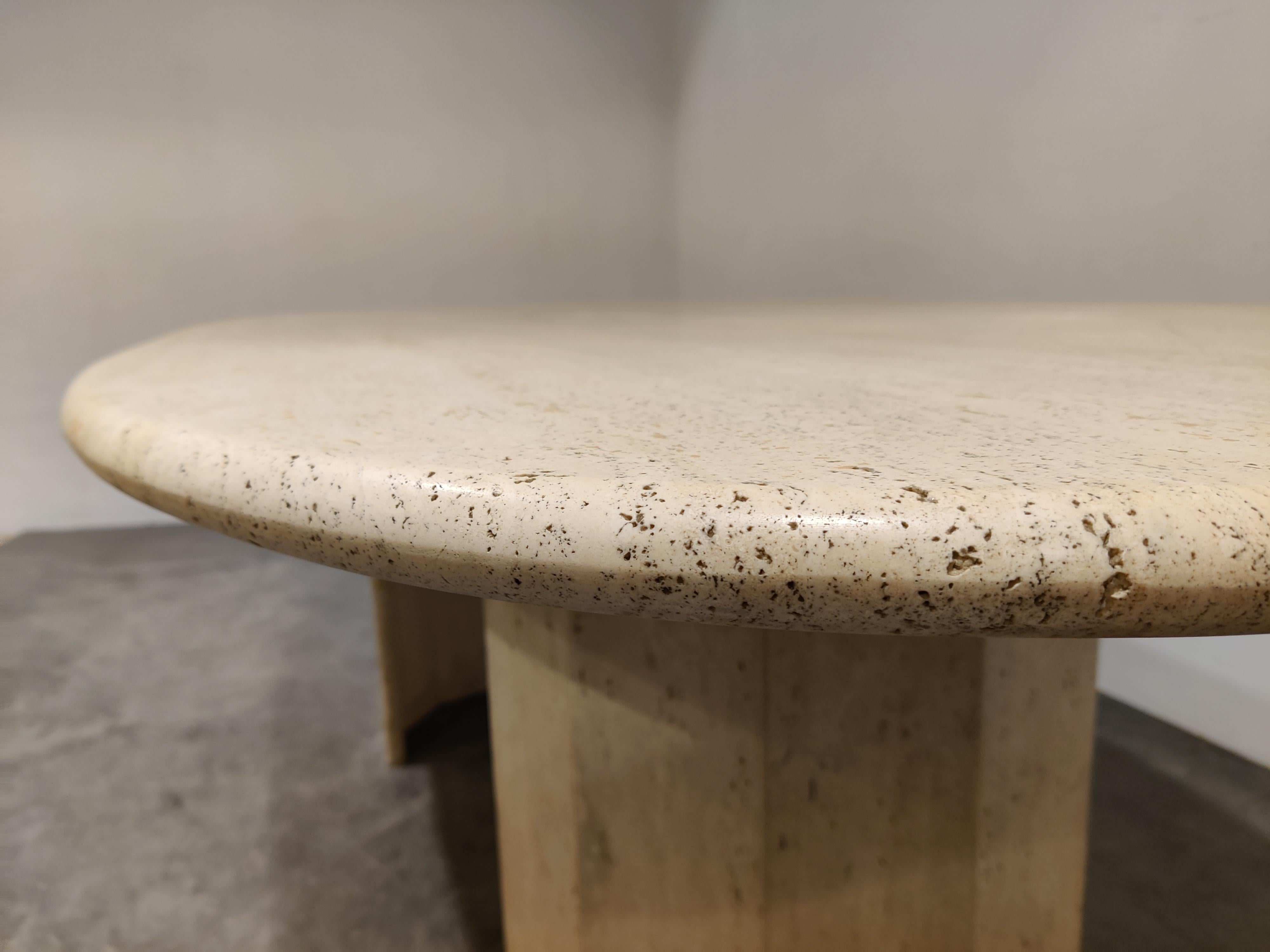 Elegant travertine dining table with two bases. 

Beautiful coloured travertine with lovely pattern.

Timeless and very beautiful table which fits most interiors.

Good condition,

1970s, Italy

Dimensions:
Height: 72cm/28.34
