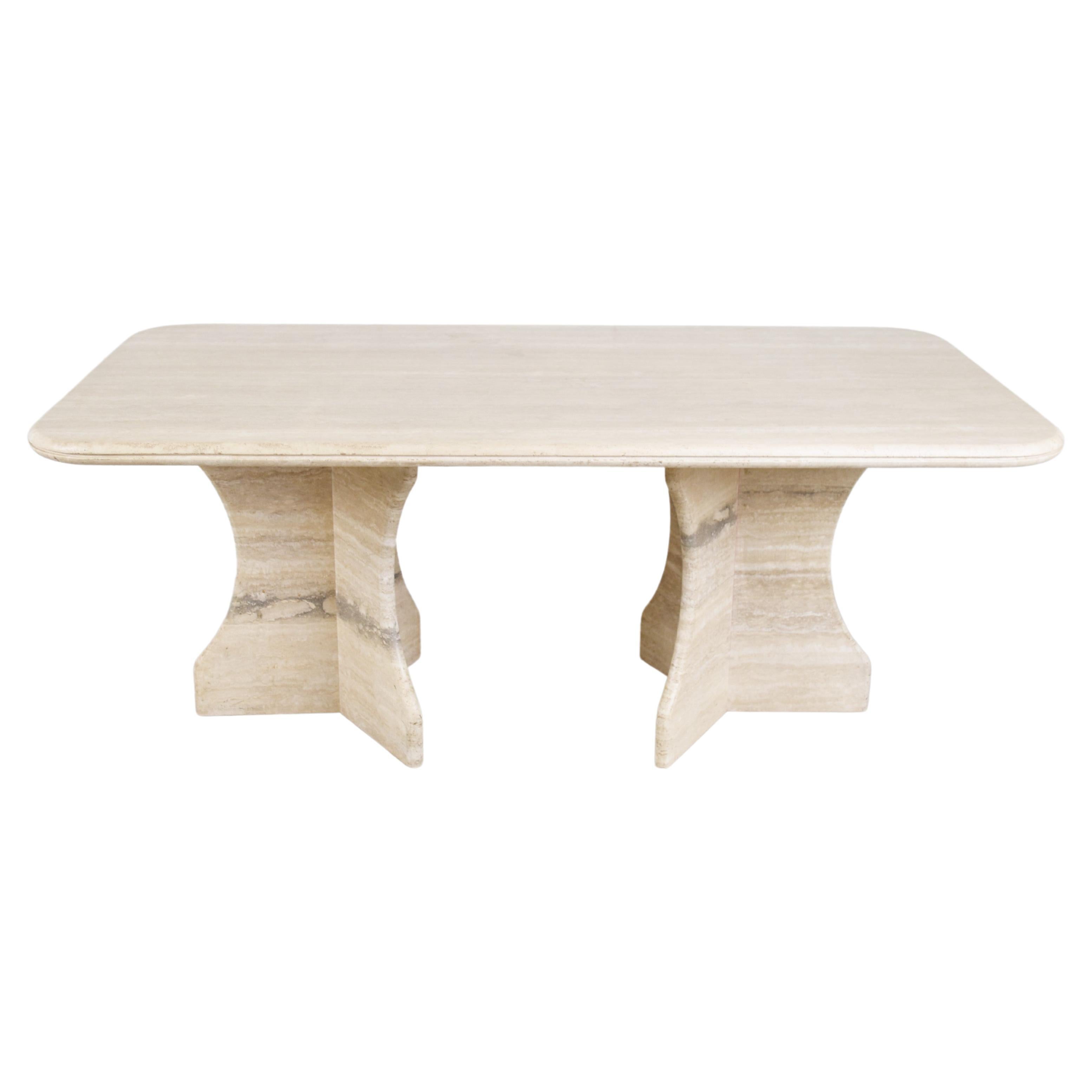 1980s Demilune Travertine Dining Table with Beveled Racetrack Glass Top