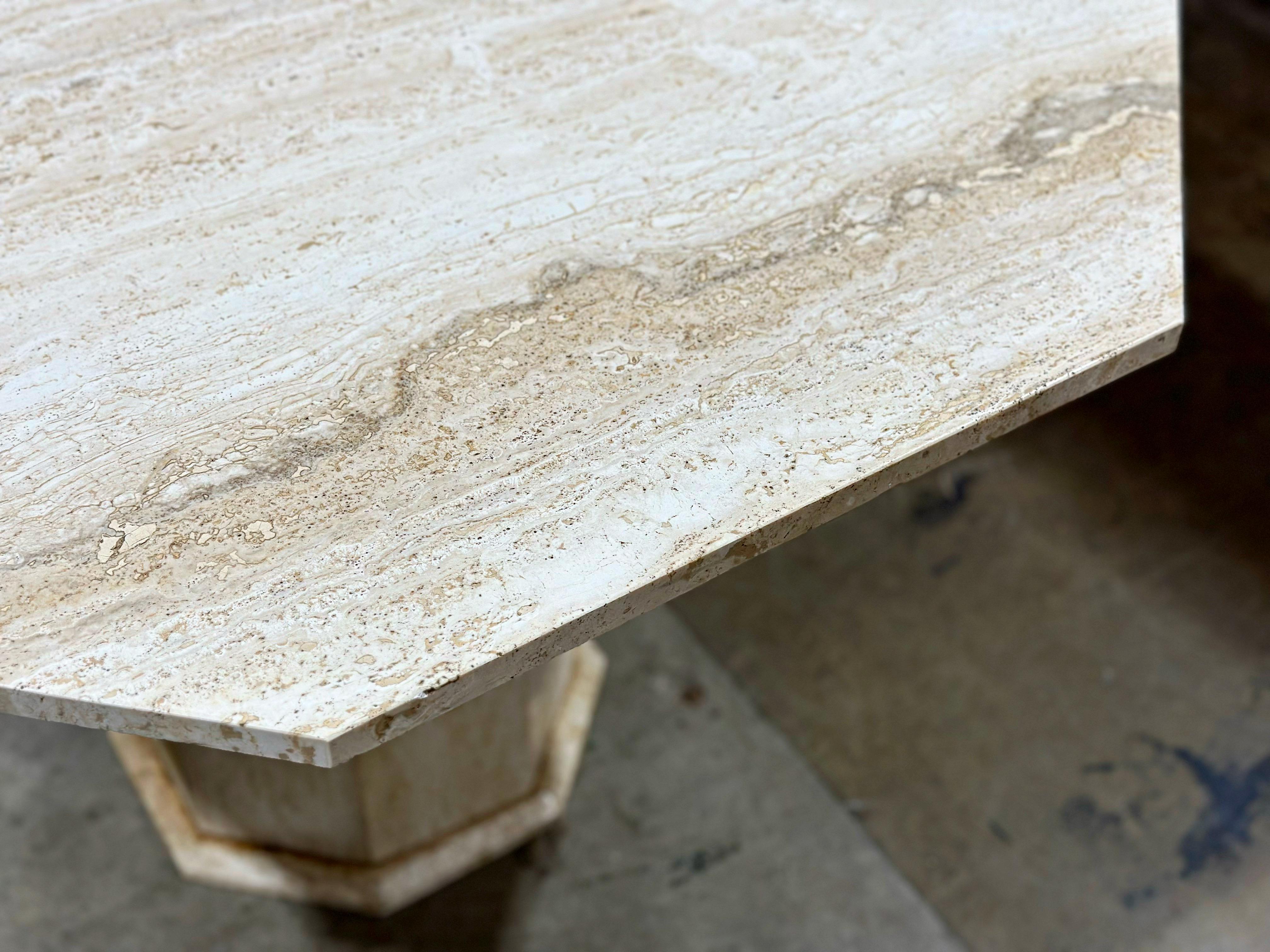 Vintage organic modern octagonal travertine dining table, Italy 1970s.
Clean straight edges on the table top with gorgeous undulating graining. Matte finish. Excellent condition - no issues of note. Clean and ready for use. Two pieces for easy