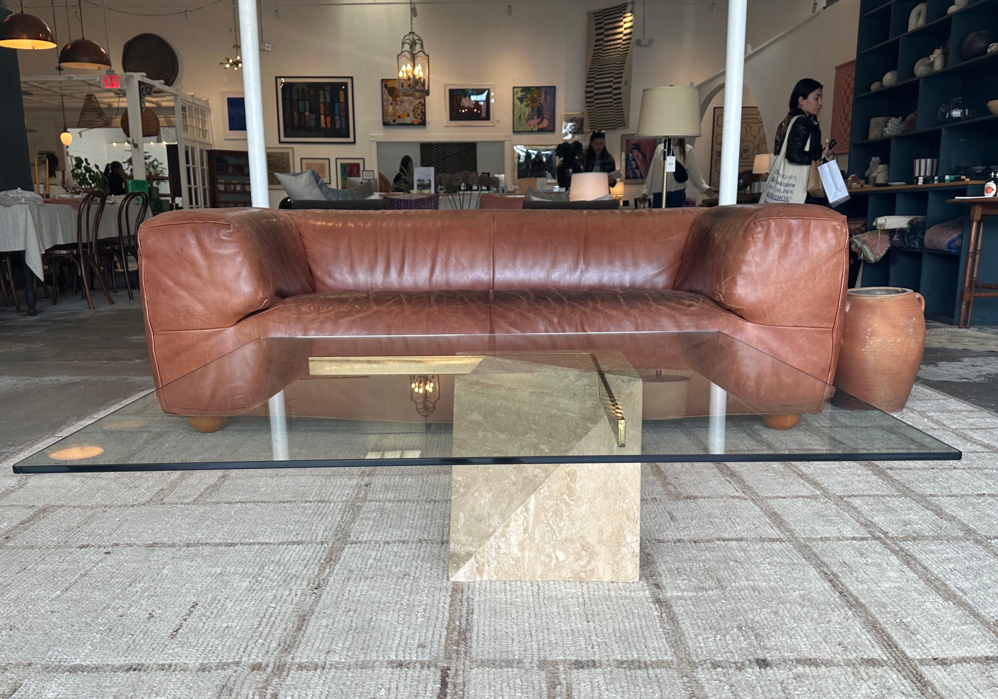 Italian Vintage Travertine Glass Coffee Table