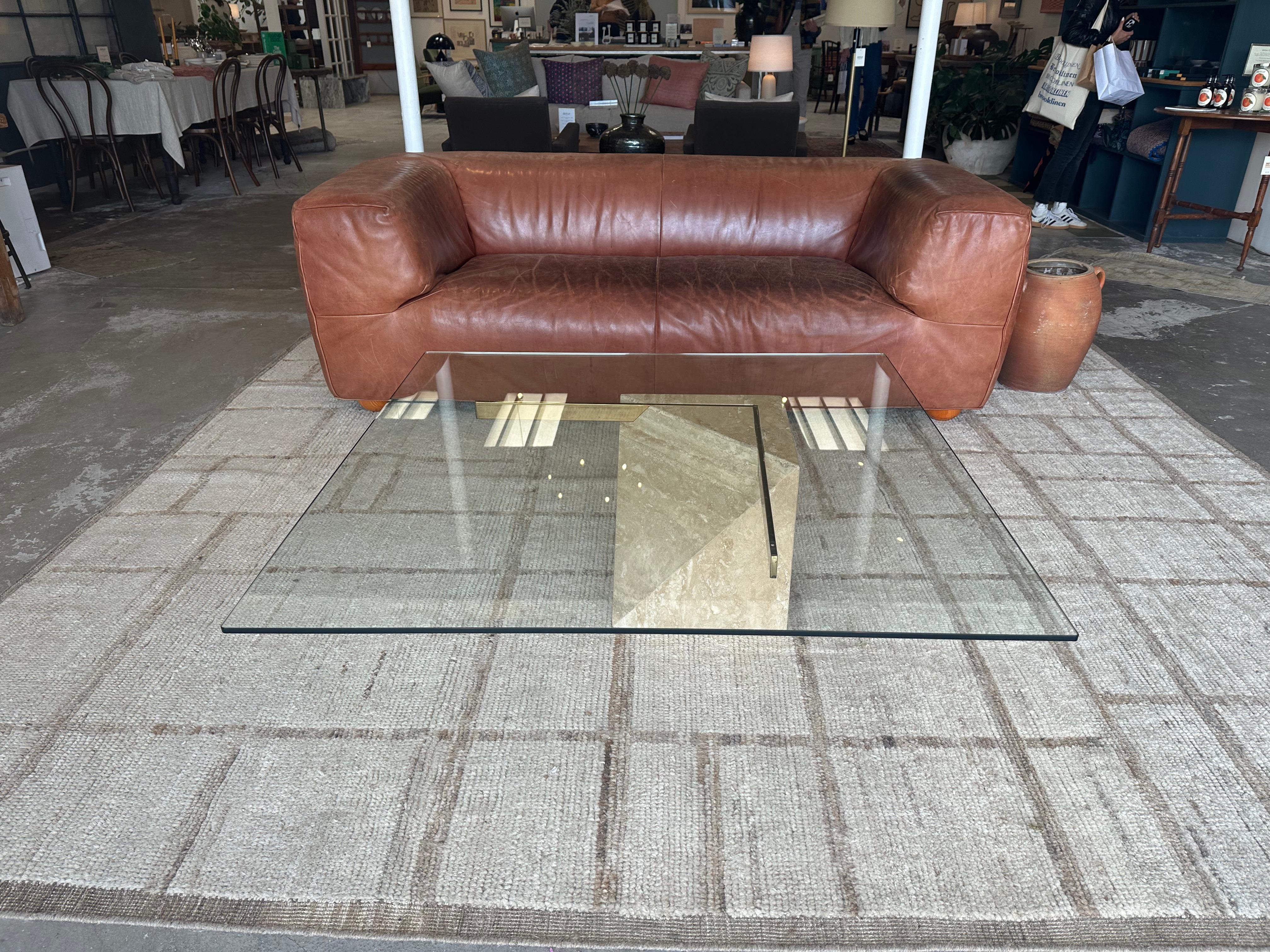 Vintage Travertine Glass Coffee Table In Good Condition In Los Angeles, CA