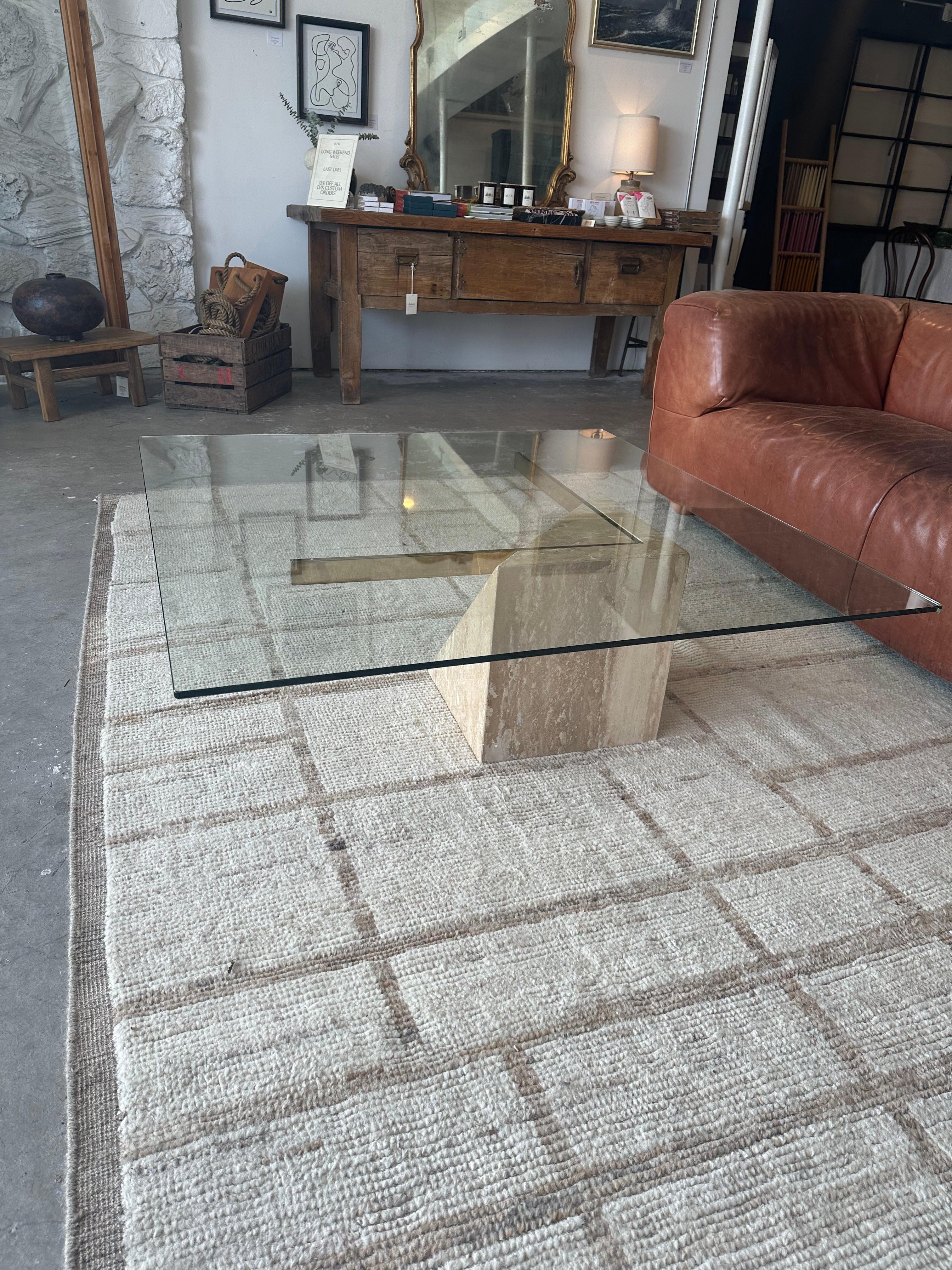 Late 20th Century Vintage Travertine Glass Coffee Table