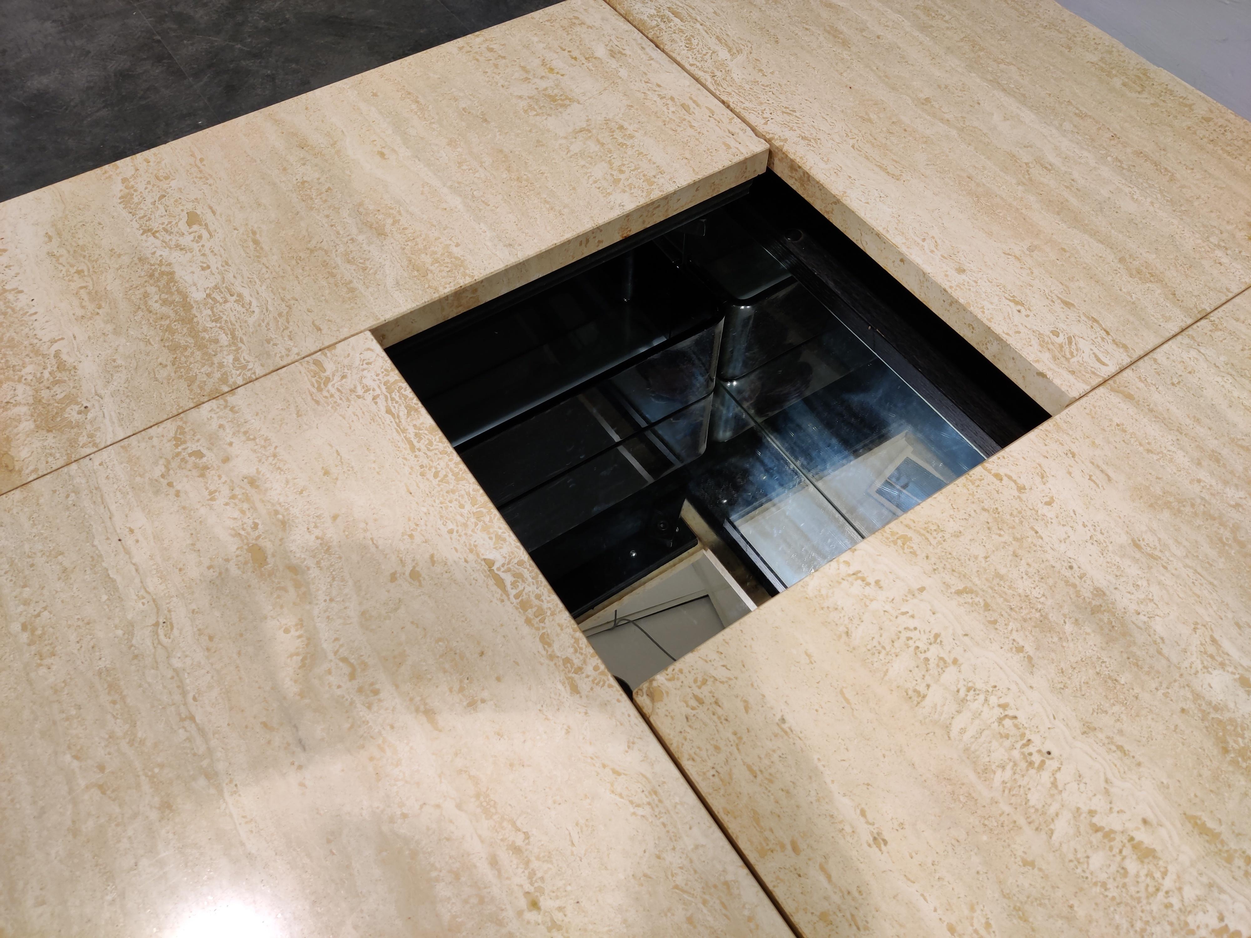 Mirror Vintage Travertine Hidden Bar Coffee Table, 1970s For Sale