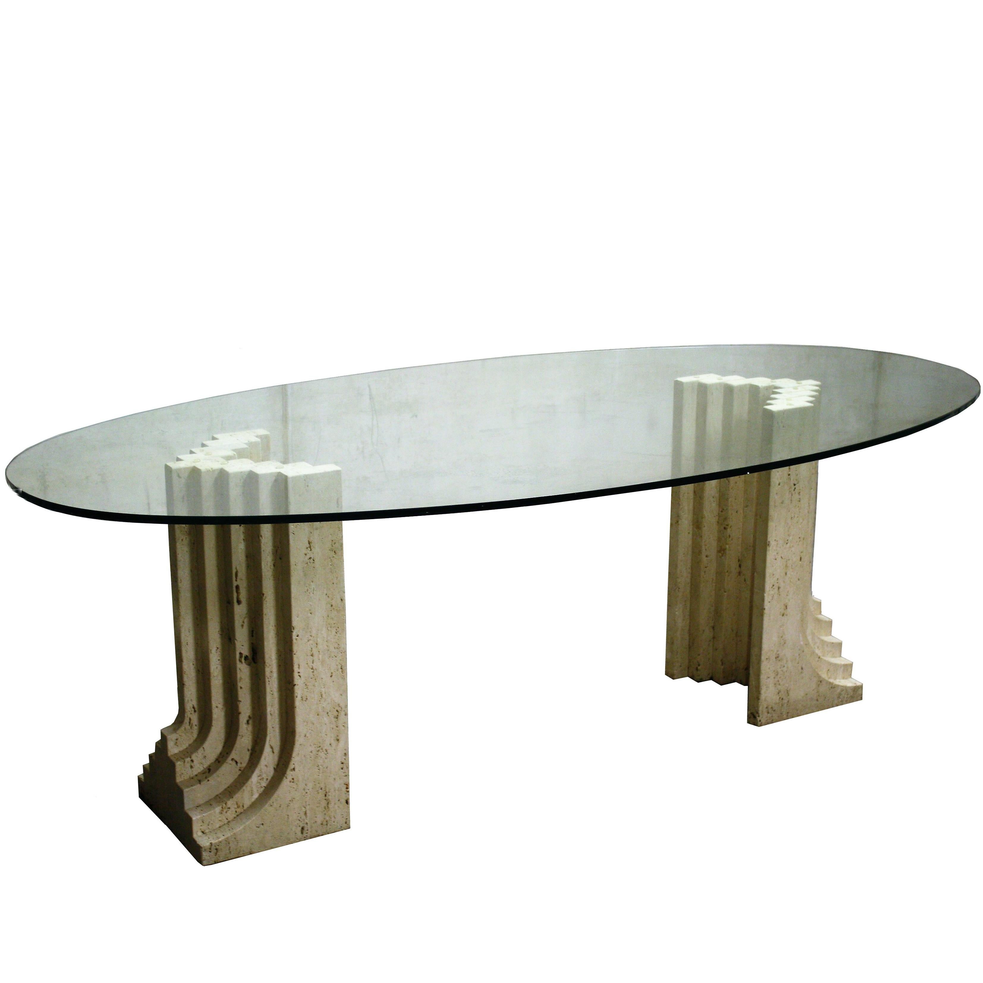 Vintage Travertine Oval Dining Table by Studio Simon Italy, 1980s