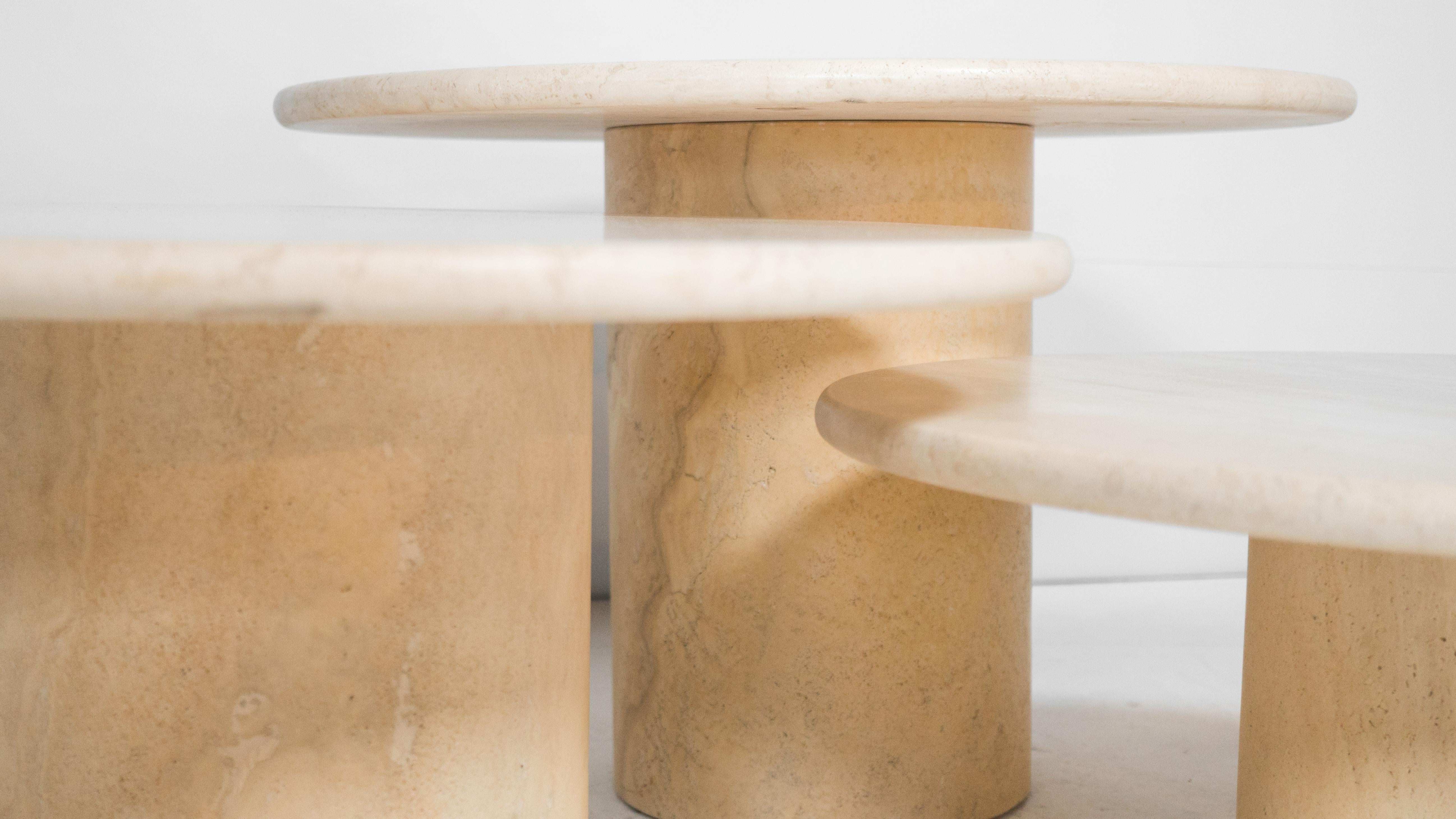 Italian Vintage Travertine Round Pedestal Tiered Coffee Tables - Set of 3