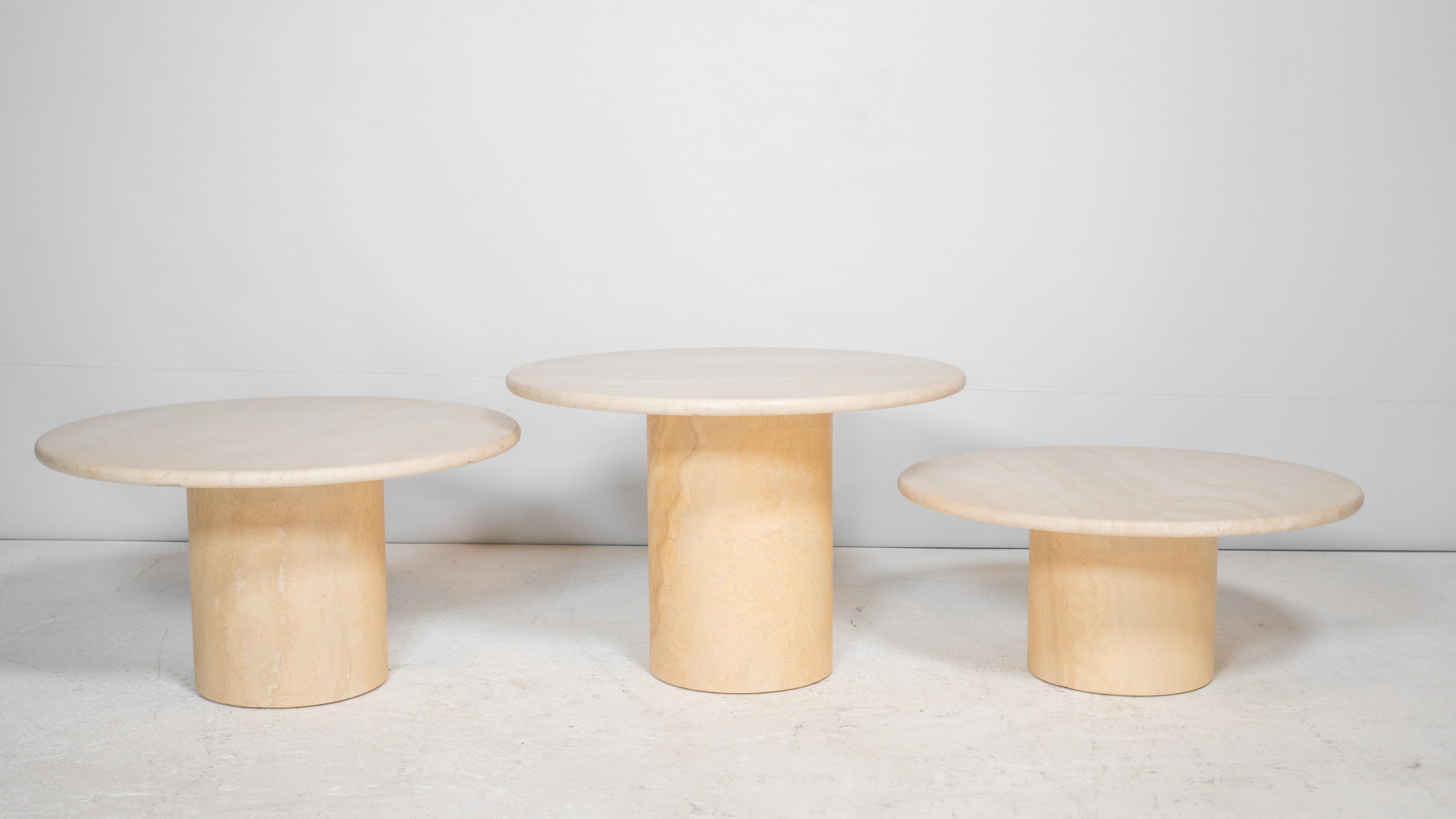 Late 20th Century Vintage Travertine Round Pedestal Tiered Coffee Tables - Set of 3