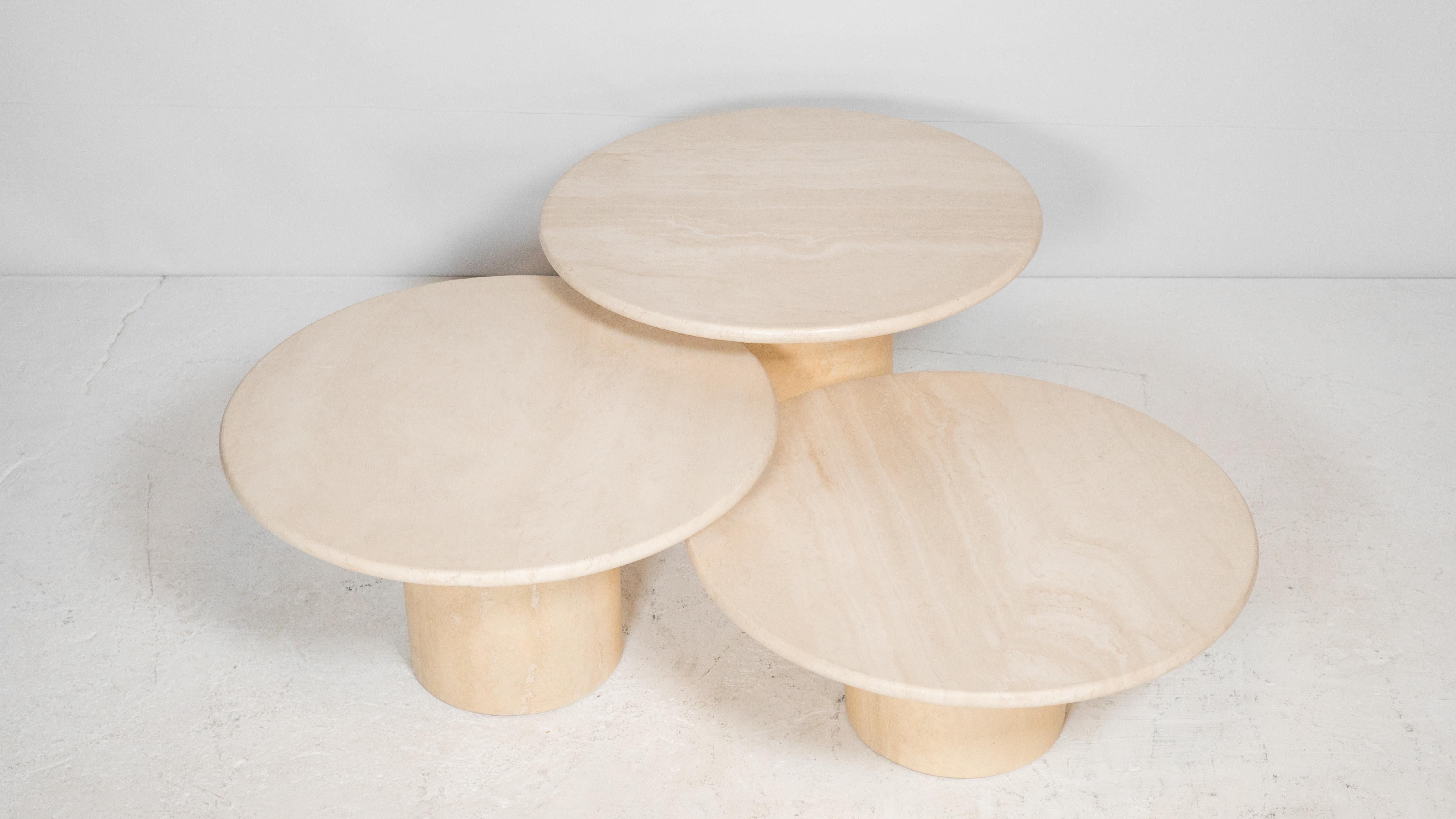 Vintage Travertine Round Pedestal Tiered Coffee Tables - Set of 3 1