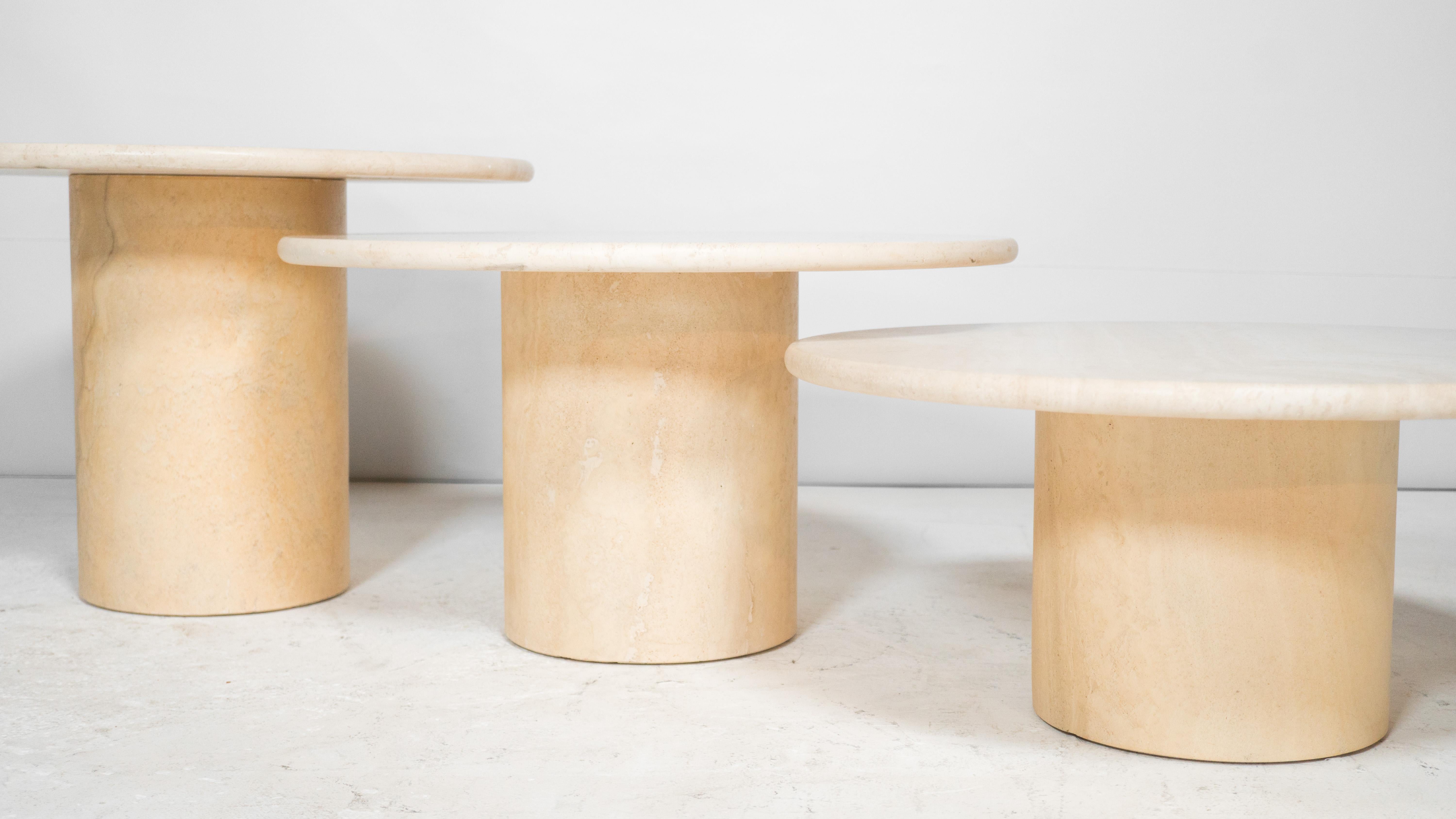 Vintage Travertine Round Pedestal Tiered Coffee Tables - Set of 3 3
