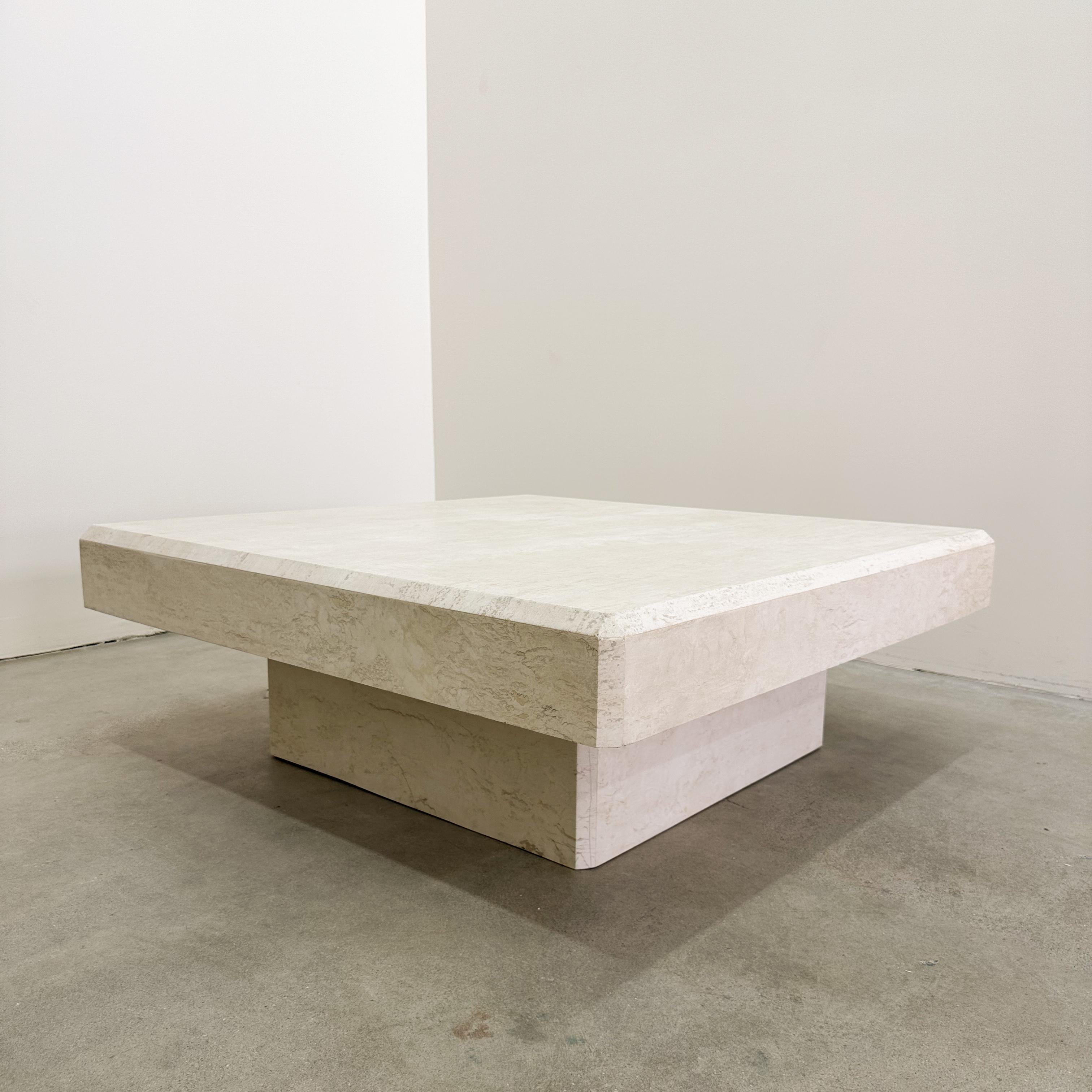 Vintage Travertine Square Stone Coffee Table Marble Postmodern MCM Retro Minimal In Good Condition In Palm Desert, CA