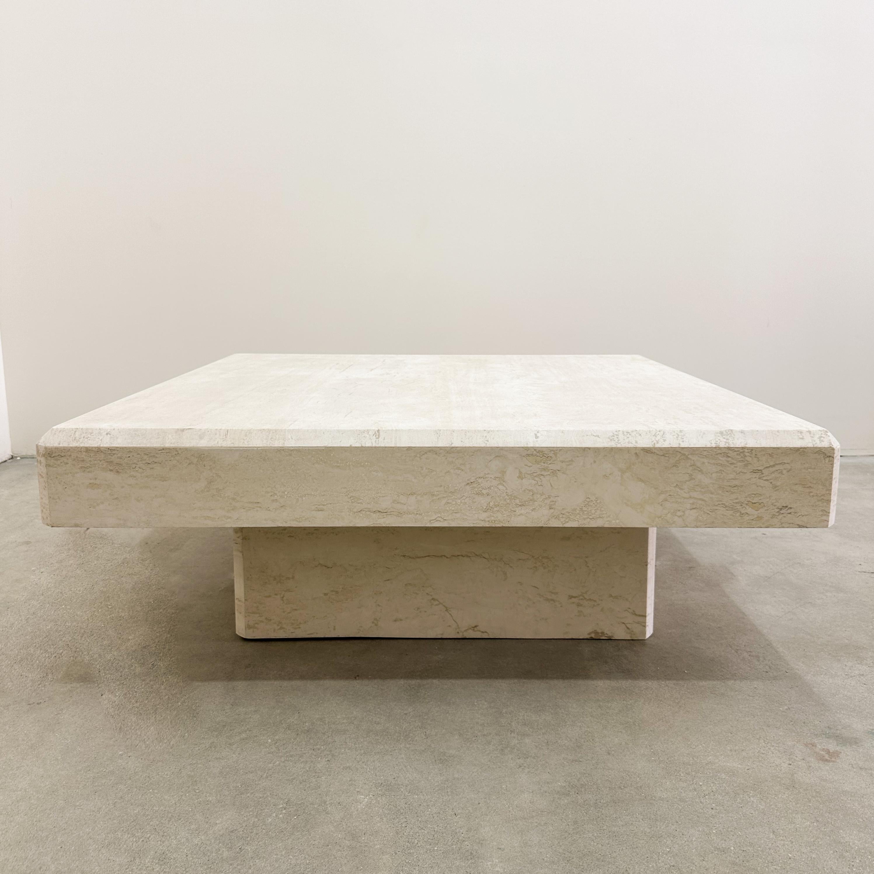 Late 20th Century Vintage Travertine Square Stone Coffee Table Marble Postmodern MCM Retro Minimal