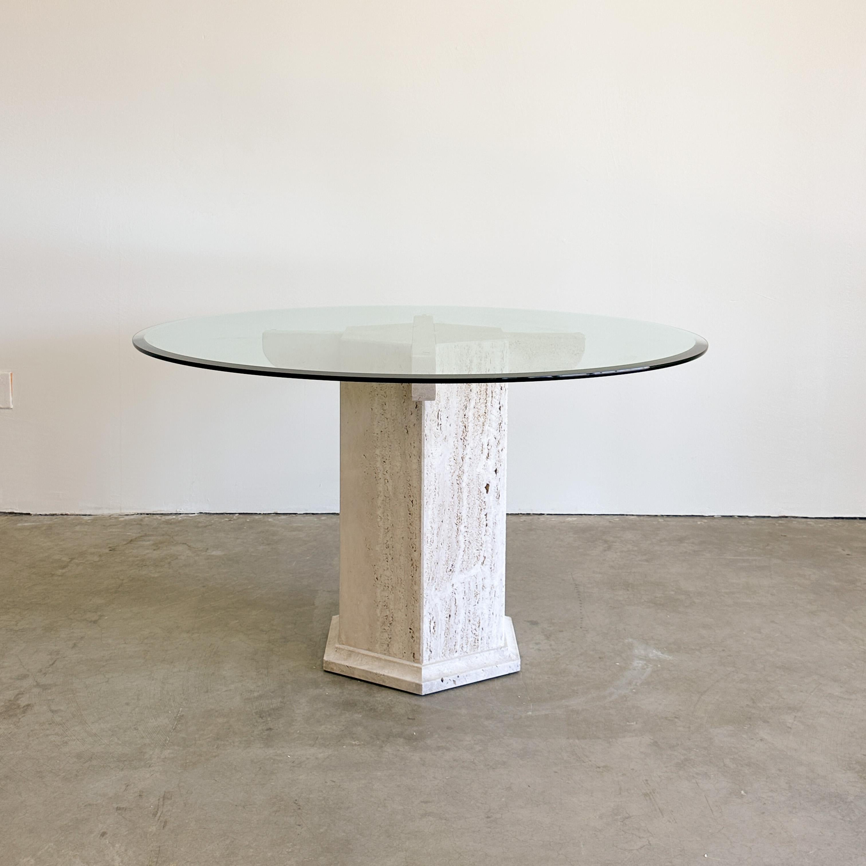 Mid-Century Modern Vintage Travertine Stone And Glass  Dining Table Postmodern MCM 70s 80s Retro