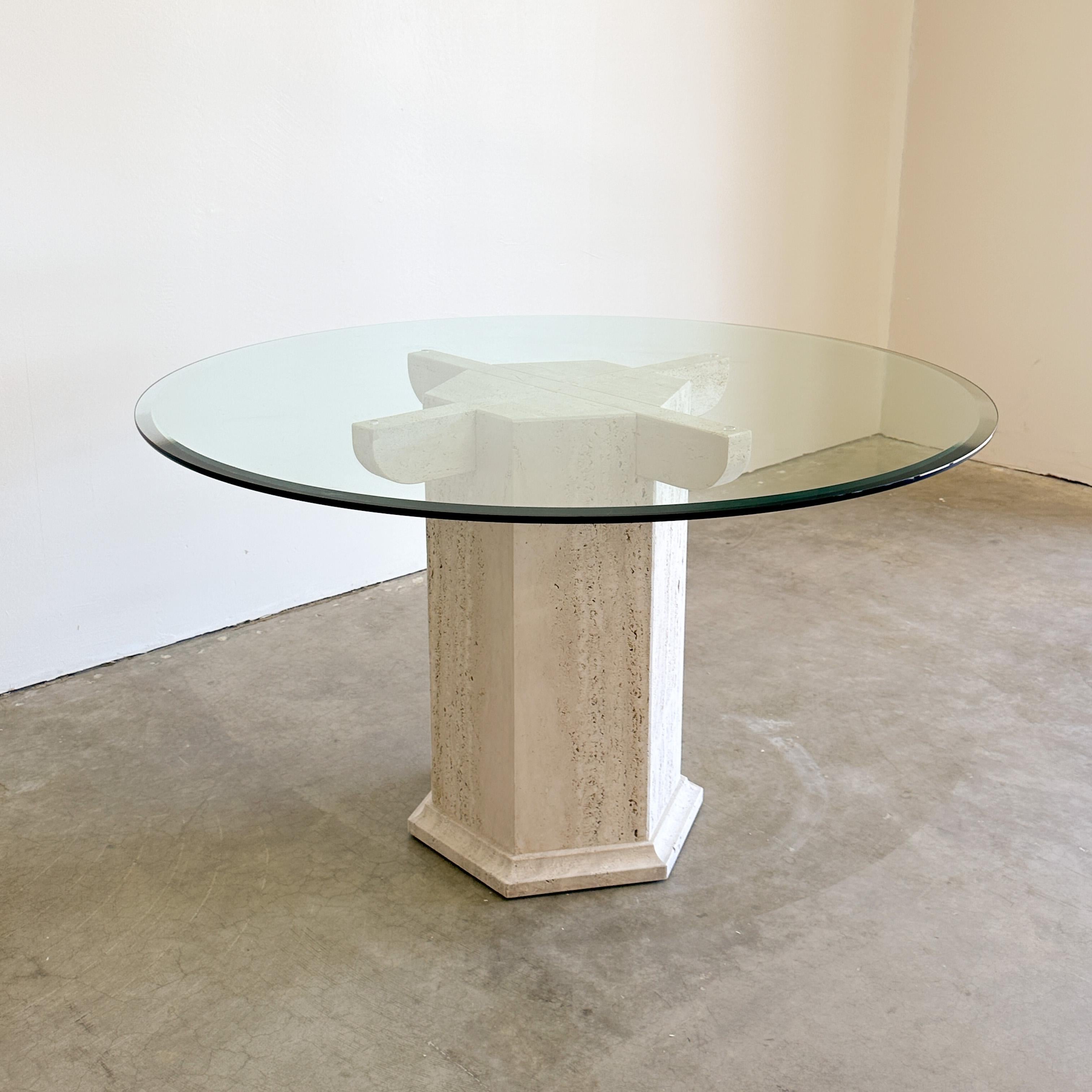 Vintage Travertine Stone And Glass  Dining Table Postmodern MCM 70s 80s Retro In Good Condition In Palm Desert, CA