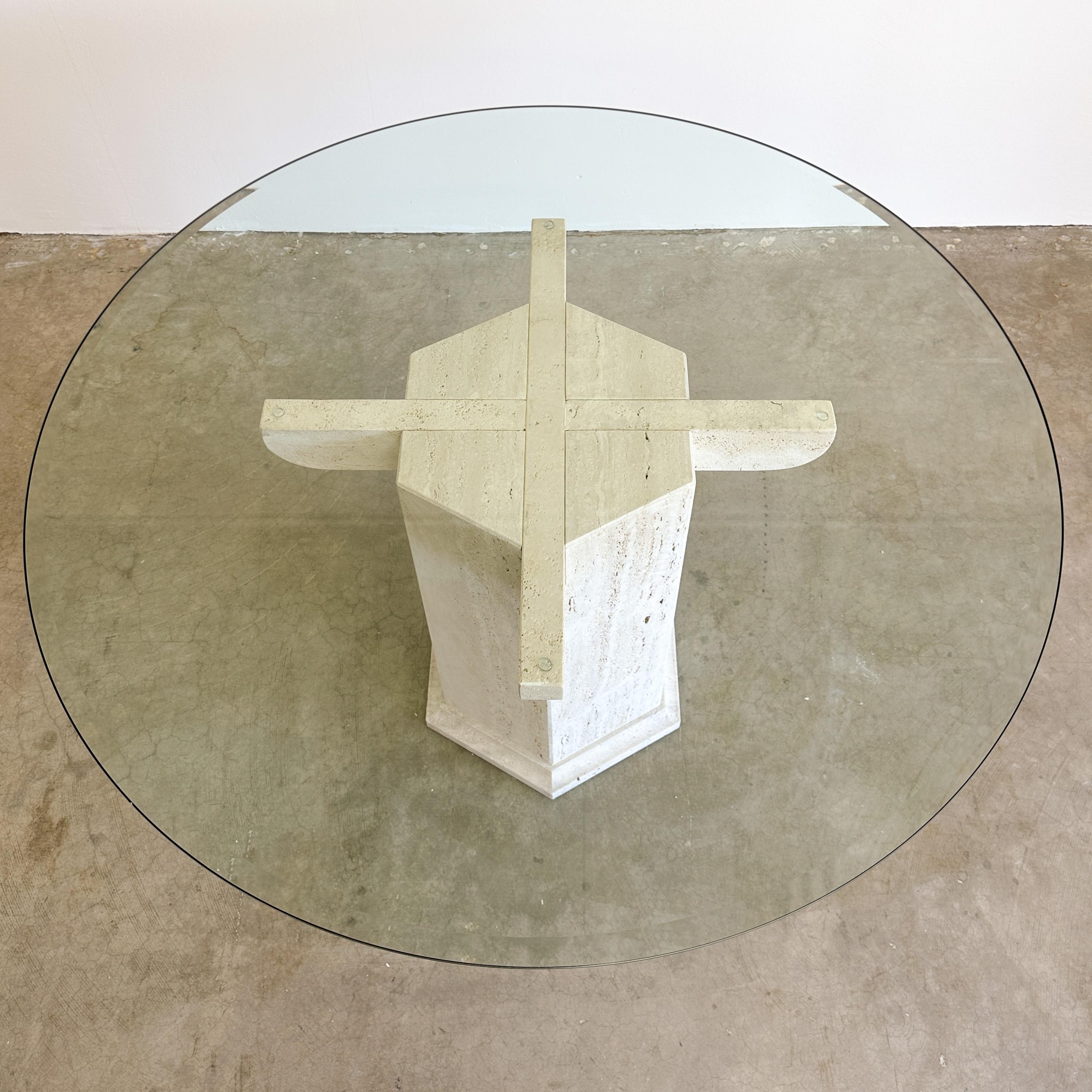 Late 20th Century Vintage Travertine Stone And Glass  Dining Table Postmodern MCM 70s 80s Retro