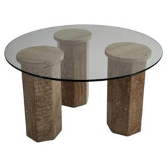 Vintage Travertine Stone Pillar Glass Top Coffee Table