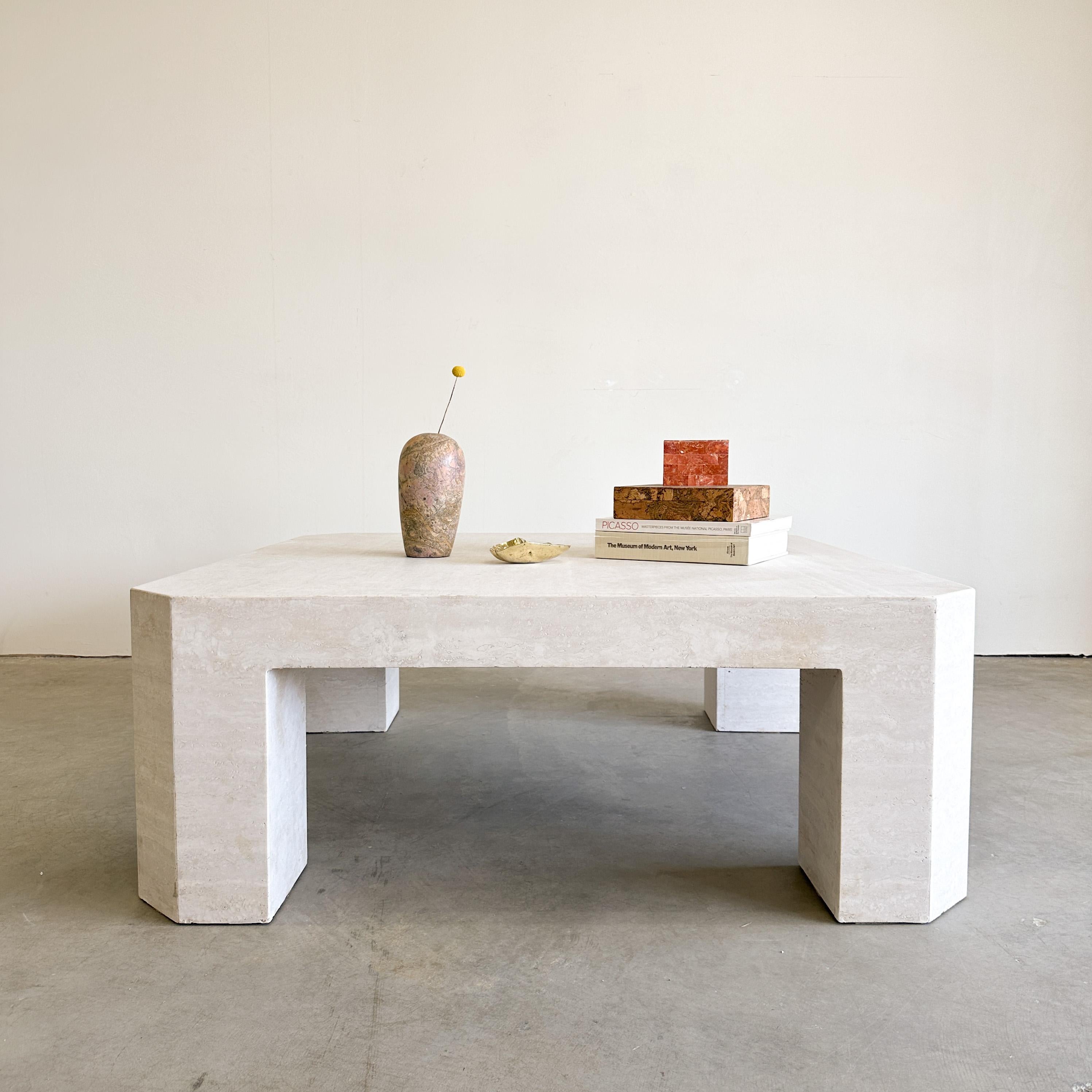 Vintage Light Cream Travertine Coffee Table.

The table is made out of travertine and honed and has no shine.
Very heavy 200 pounds.

Color: Natural, light cream travertine.

Measurements:
length: 48