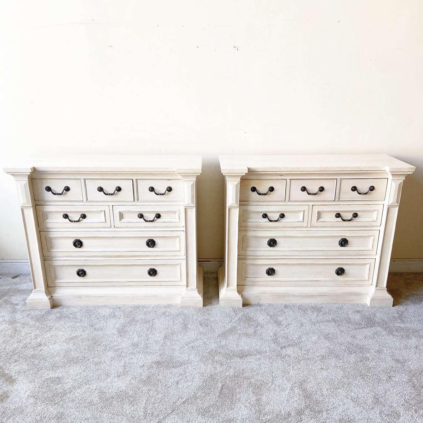 Vintage Travertine Top Chests of Drawers by Henredon- a Pair In Good Condition For Sale In Delray Beach, FL