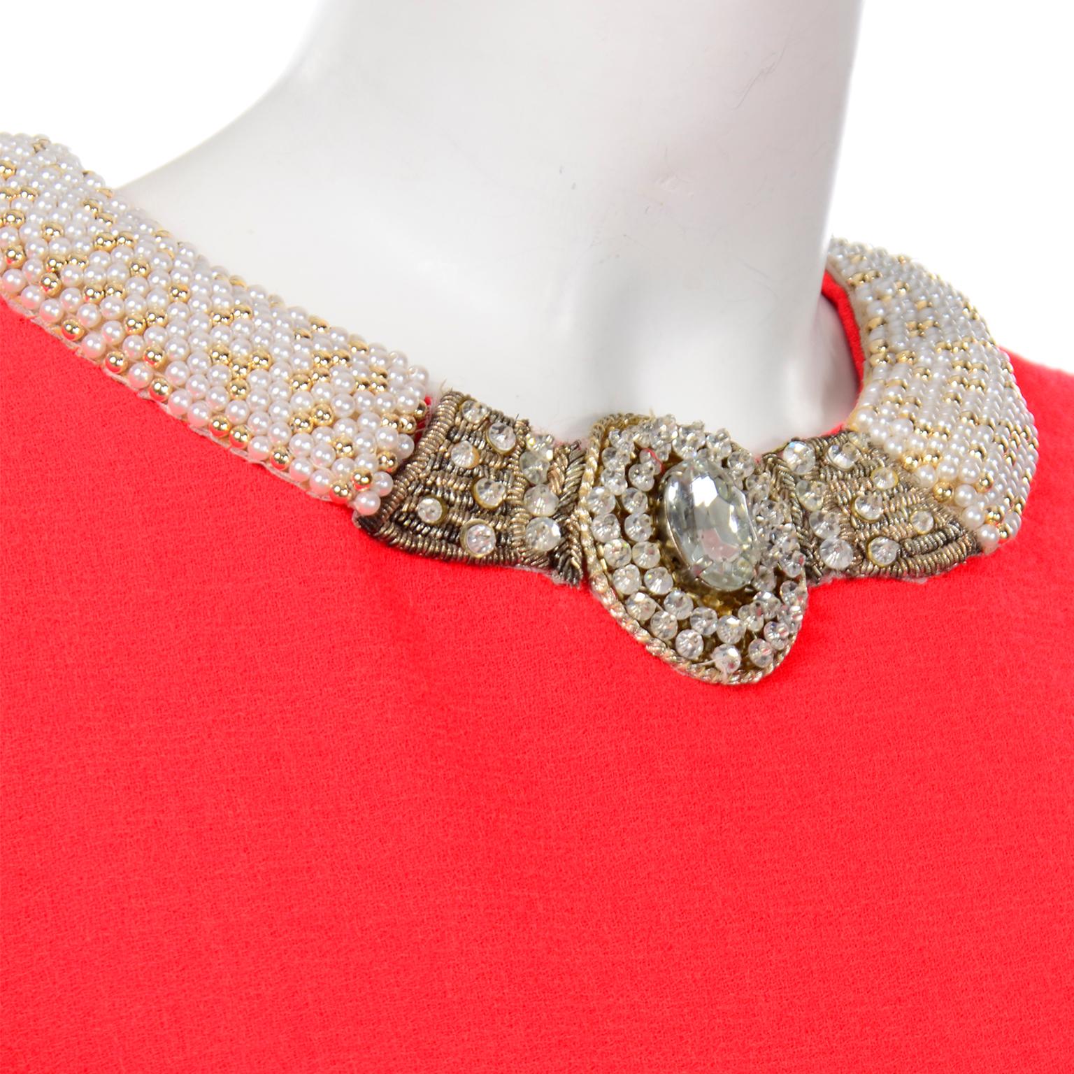 Vintage Travilla Red Dress w Statement Jeweled Rhinestone & Pearl Collar In Excellent Condition For Sale In Portland, OR