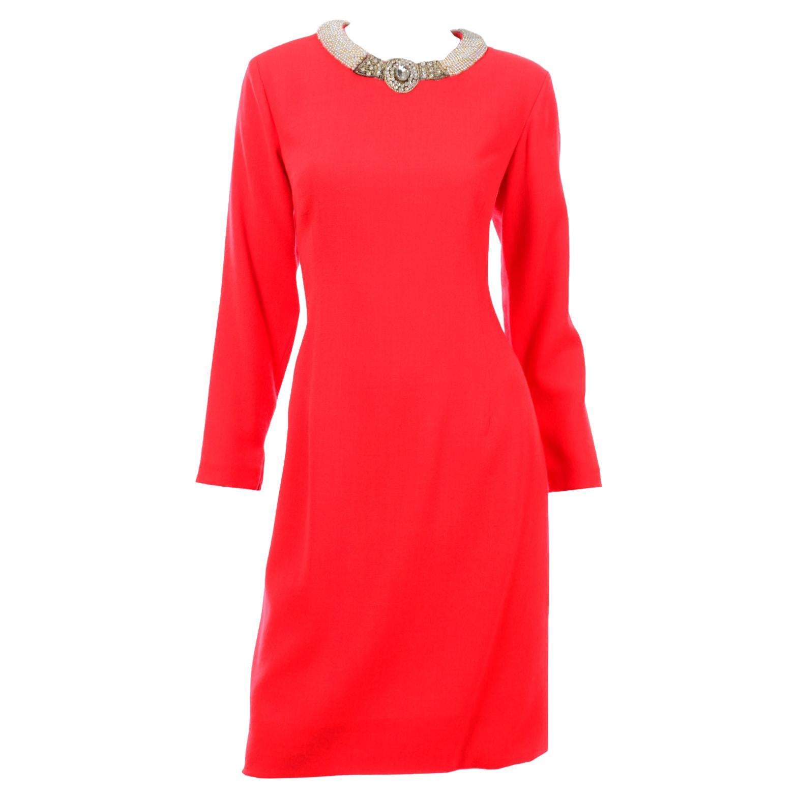 Vintage Travilla Red Dress w Statement Jeweled Rhinestone & Pearl Collar For Sale
