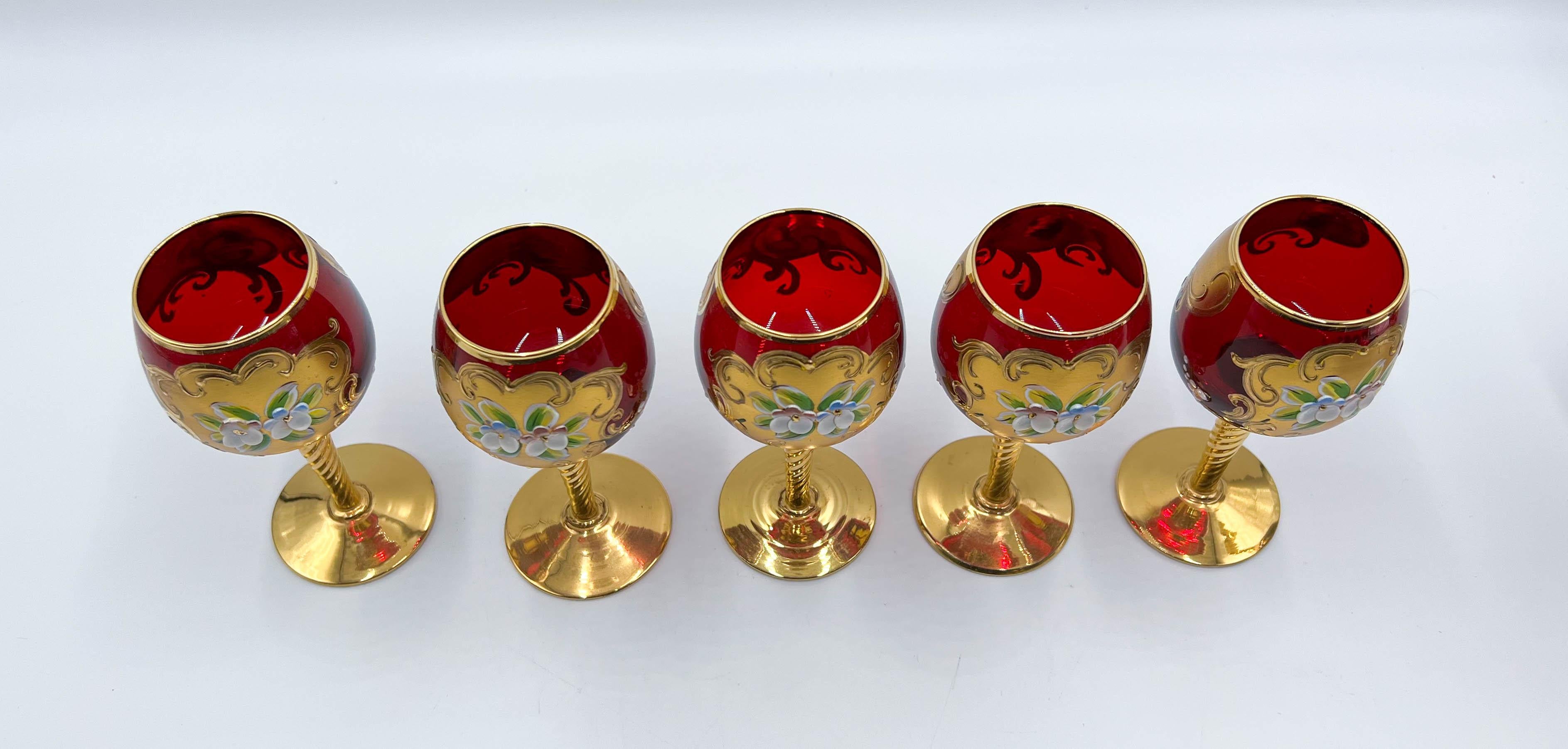Hand-Crafted Vintage Tre Fuochi Venetian Murano Glass Ruby Red Goblets and Pitcher, 8 Pc Set For Sale