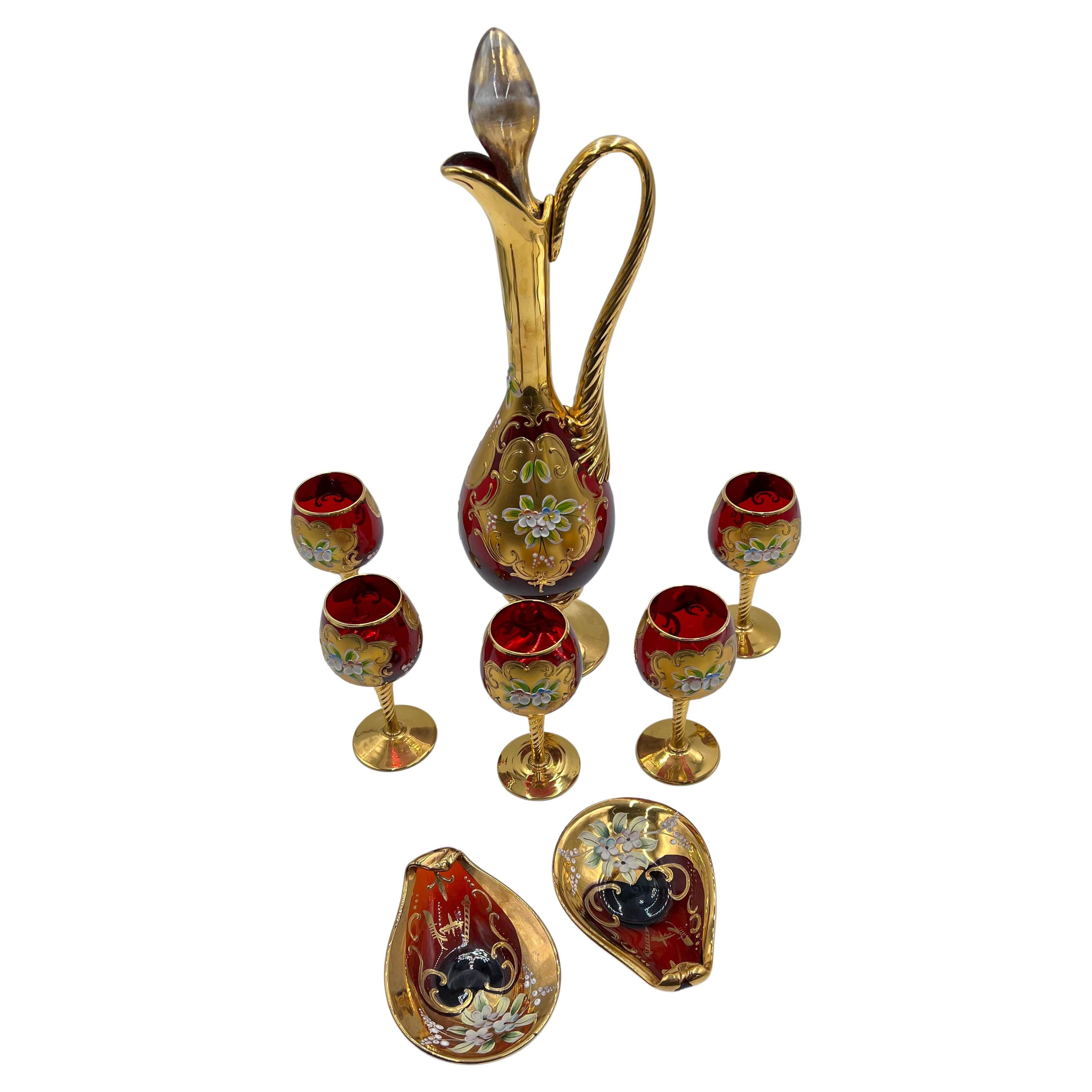 Vieux gobelets et pichet en verre de Murano vénitien rouge rubis Tre Fuochi, 8 pièces