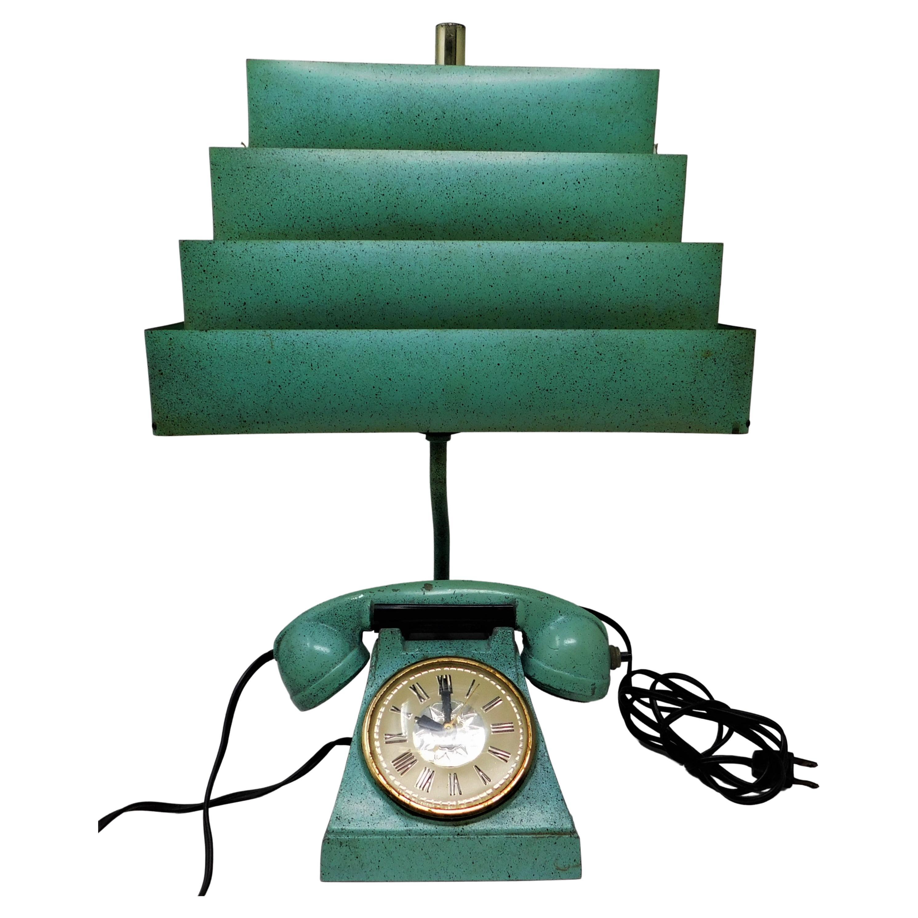 Vintage Trea Boye Kitsch Lighter Telephone Clock Teal Lamp Venetian Blind Shade 3