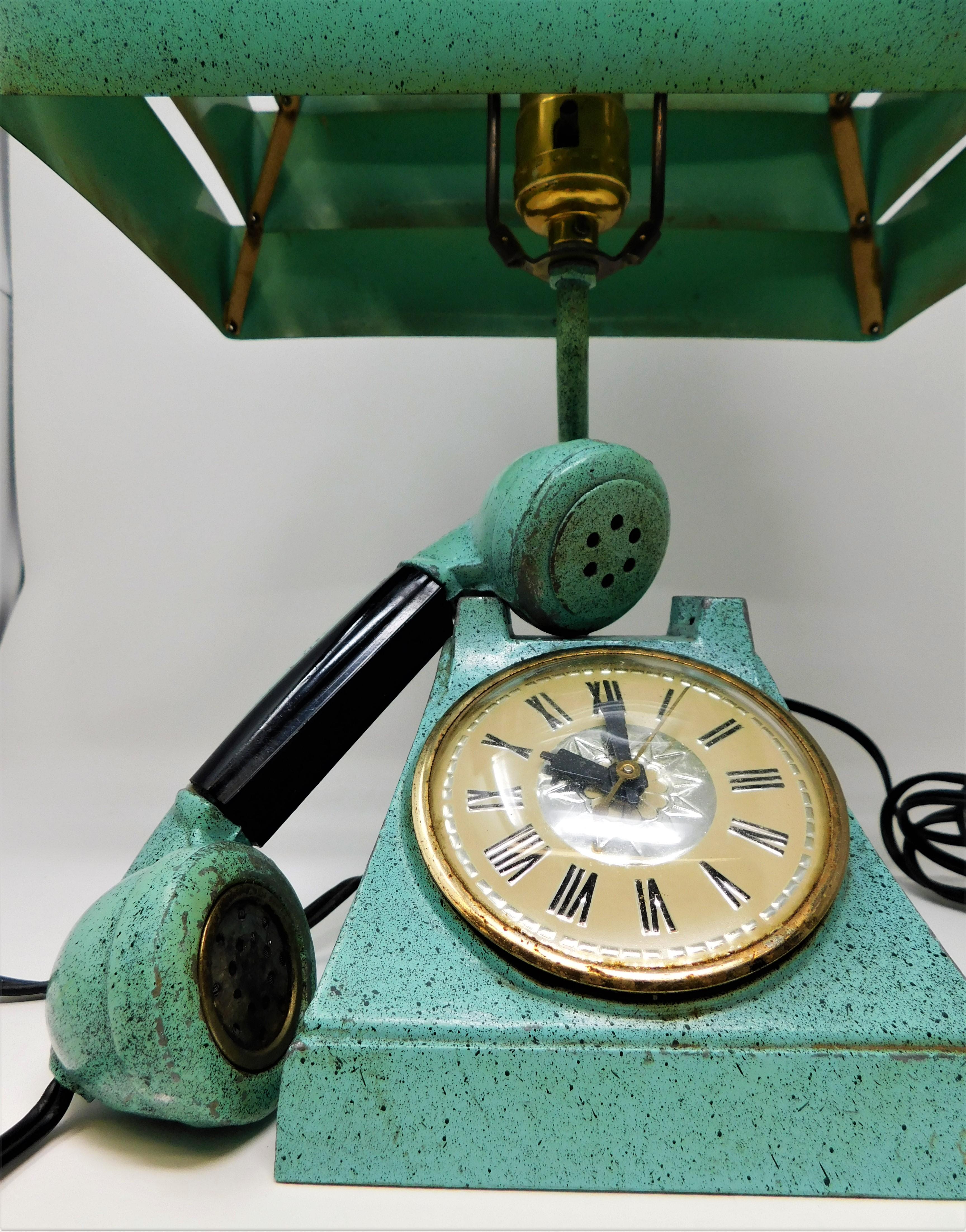 Mid-Century Modern Vintage Trea Boye Kitsch Lighter Telephone Clock Teal Lamp Venetian Blind Shade