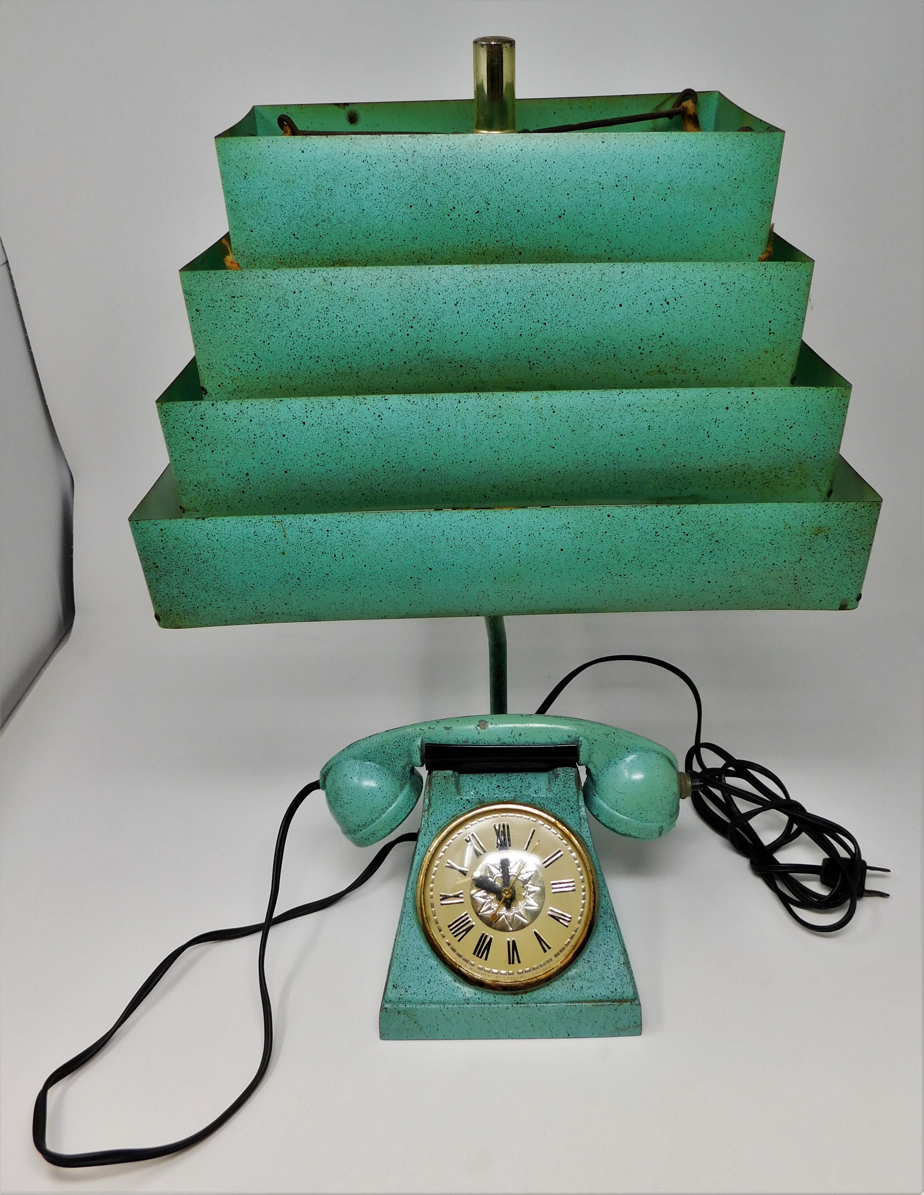 American Vintage Trea Boye Kitsch Lighter Telephone Clock Teal Lamp Venetian Blind Shade