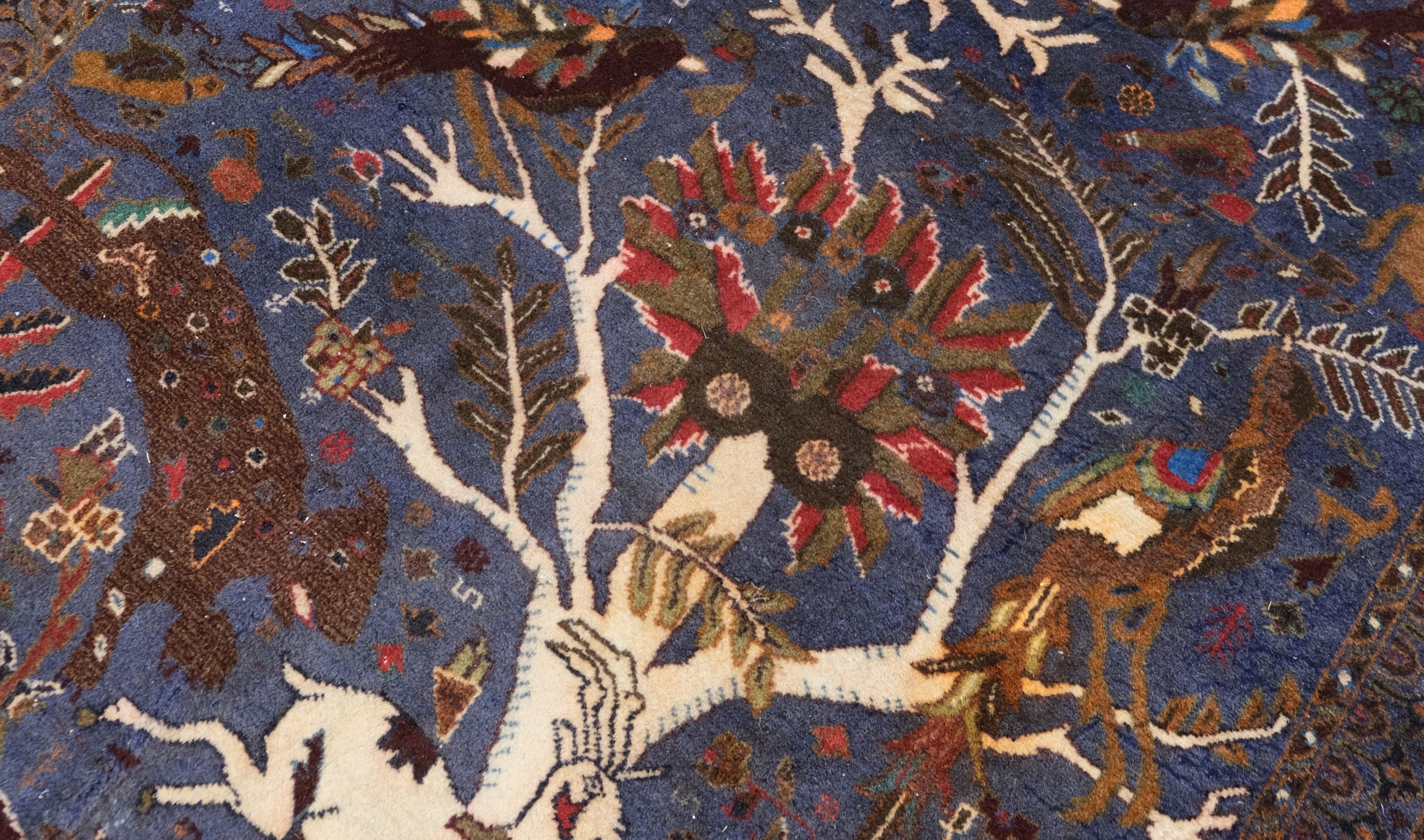 Arts and Crafts Vintage Tree of Life  Brown, Blue and Red Wool Rug 3'10''x6' For Sale