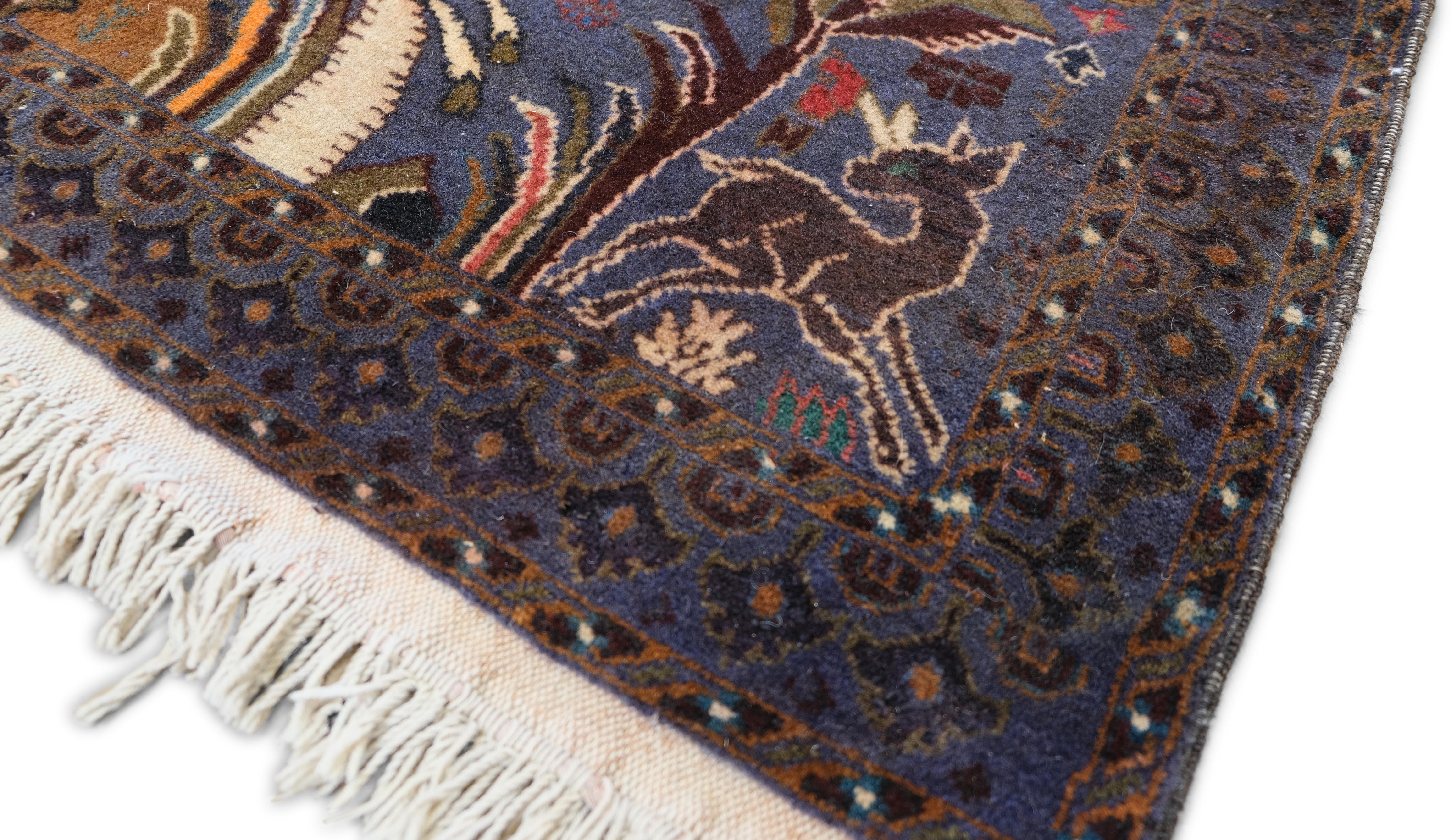 Afghan Vintage Tree of Life  Brown, Blue and Red Wool Rug 3'10''x6' For Sale
