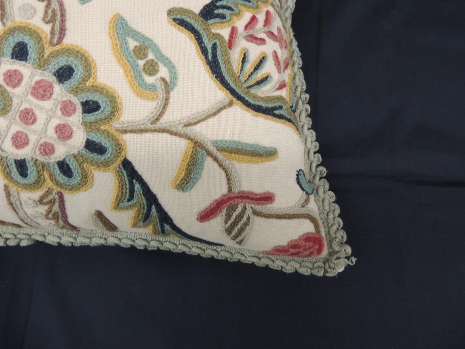 Vintage Tree of Life Crewel Work Decorative Bolster Pillow In Good Condition In Oakland Park, FL