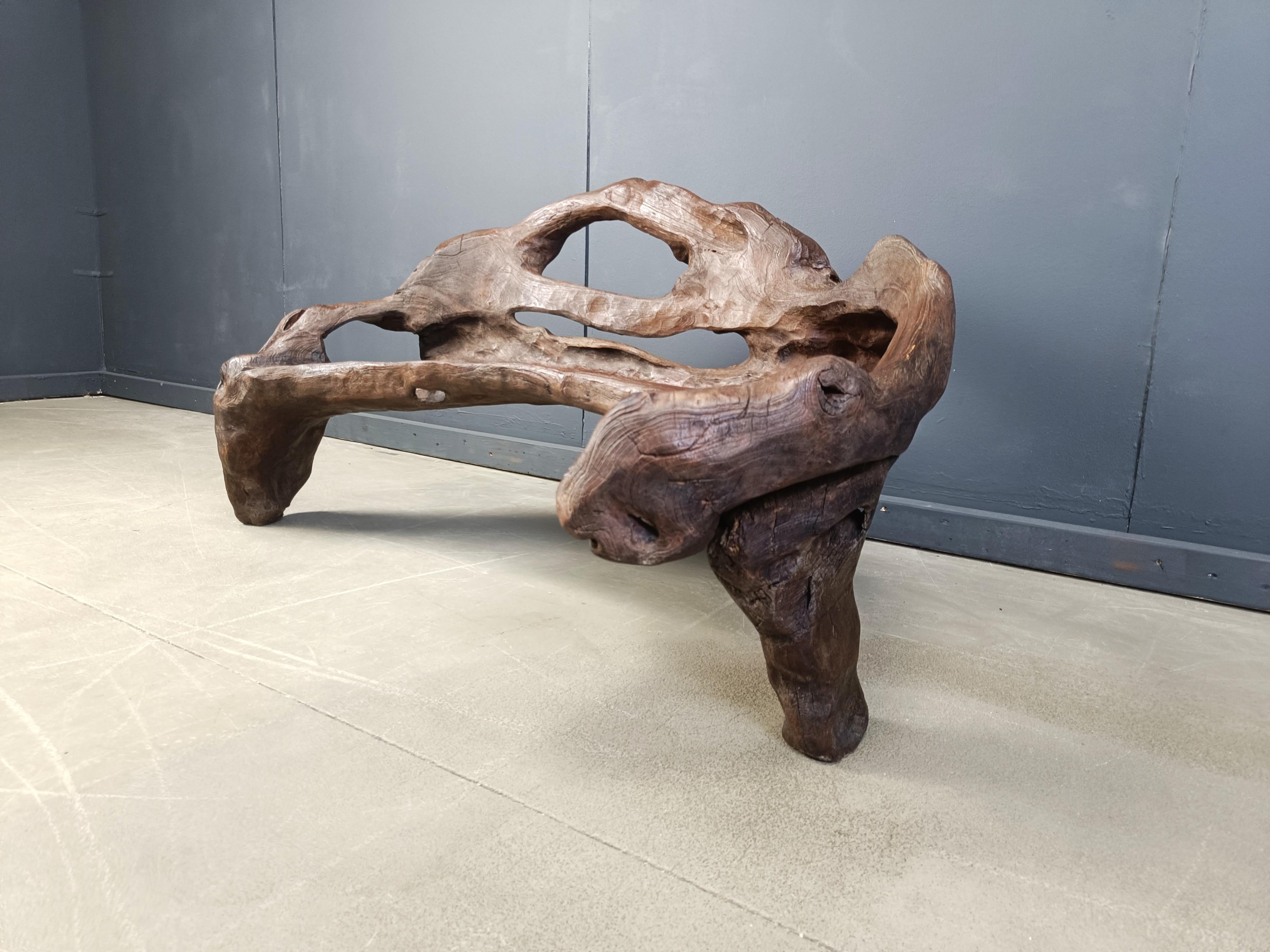 Teak Vintage tree root bench, 1970s For Sale