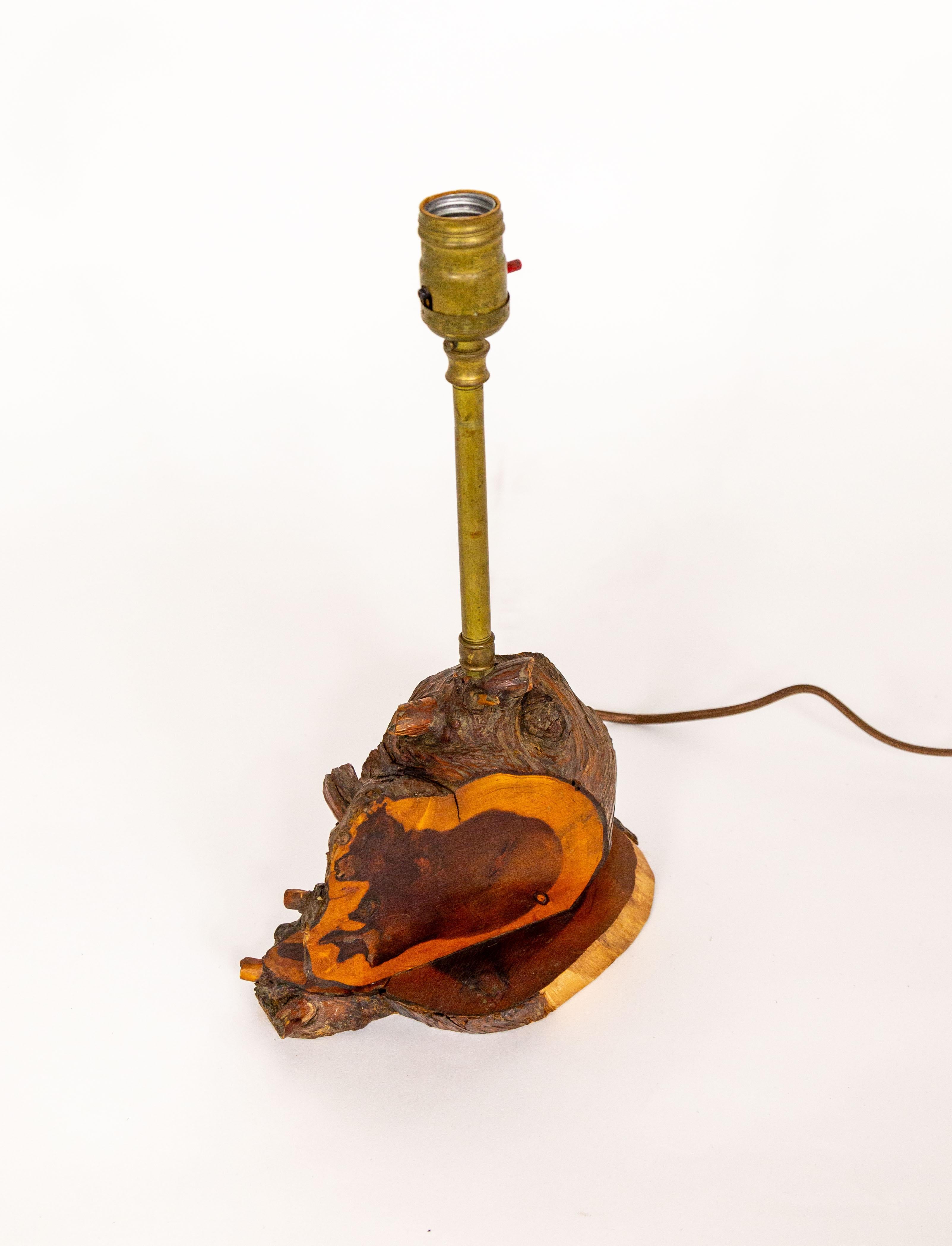 A lamp made from a distinctive slice of a tree with the grain facing outward revealing a dark interior.  It sits on another slender slice as a base. It has a lacquered finish. Newly rewired with the original socket. Mid 20th century. 8.5