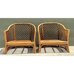 Vintage Trellis Rattan Lounge Chairs - A Pair
