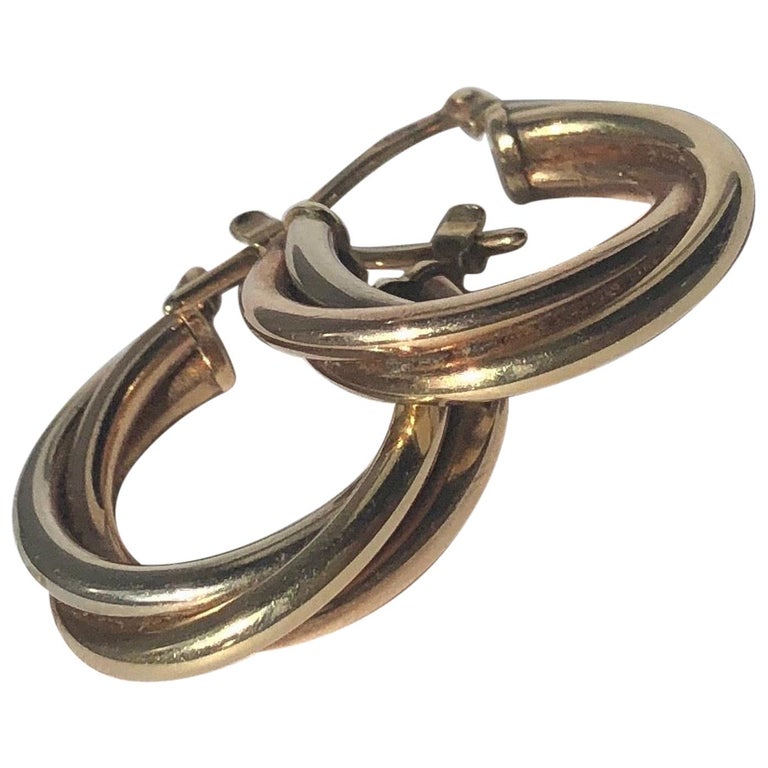 Vintage TriColour 9 Carat Gold Hoop Stud Earrings For Sale at 1stDibs