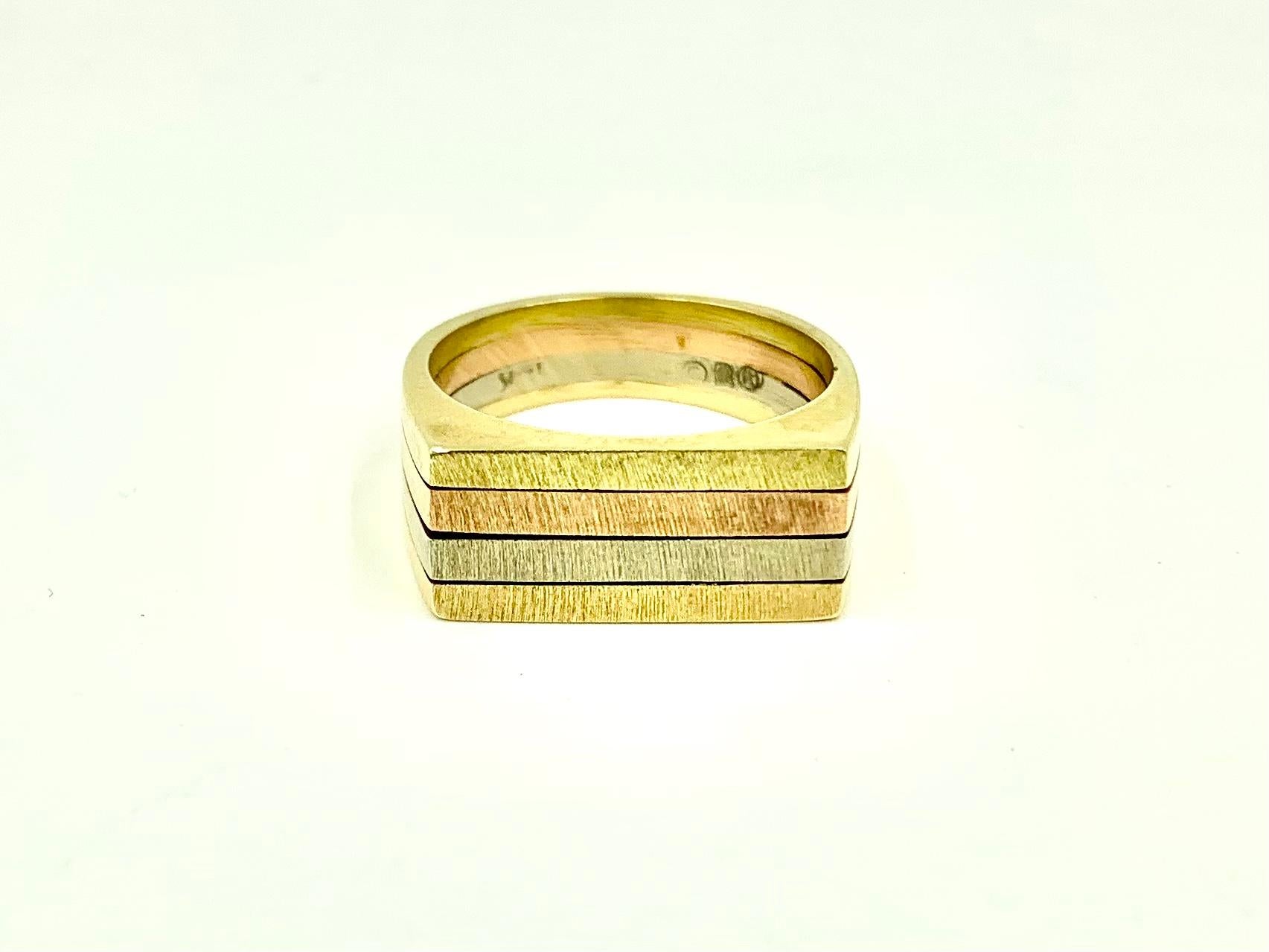 Estate Tri-Color Rose, White and Yellow 14K Gold Tiered Signet Ring For Sale 3