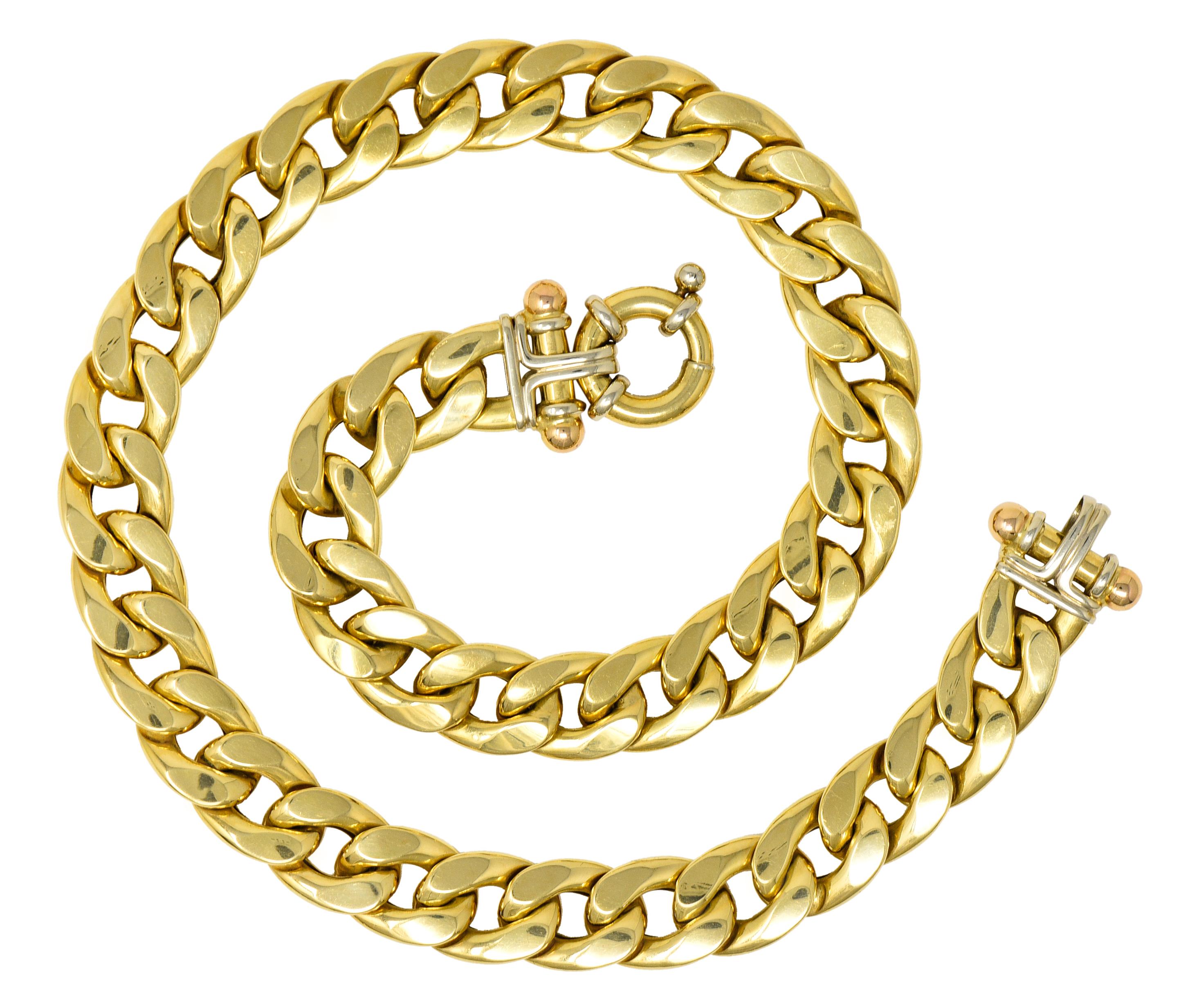 Necklace is designed as a large curb link chain

With ridged white gold and rose gold terminals

Completed by spring clasp closure

Stamped 750 for 18 karat tri-colored gold

Stamped with assay marks for Arezzo, Italy

Circa: 1980's

Length: 17 1/2