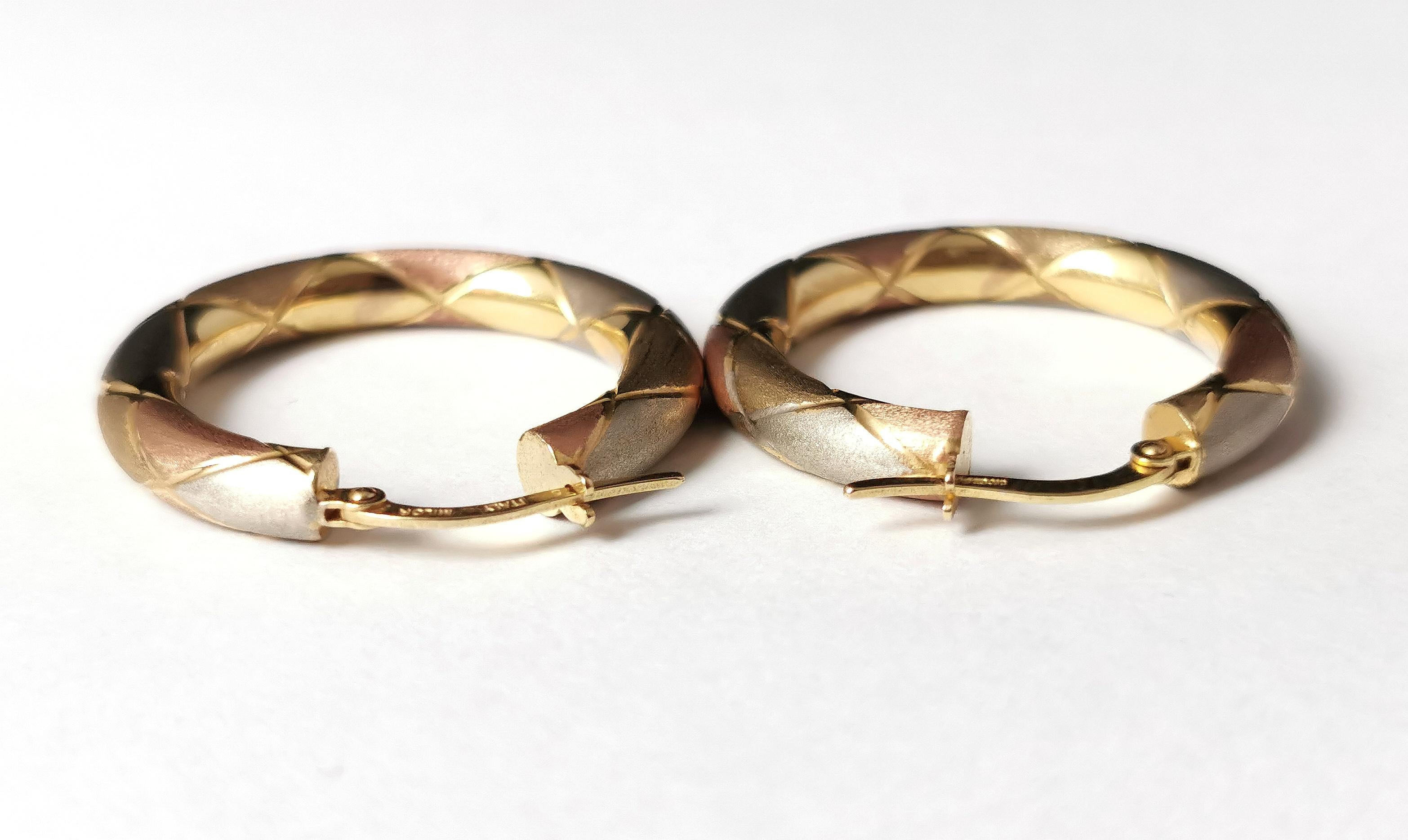 Vintage Tri Colour Gold Hoop Earrings, Italian, Engraved 2