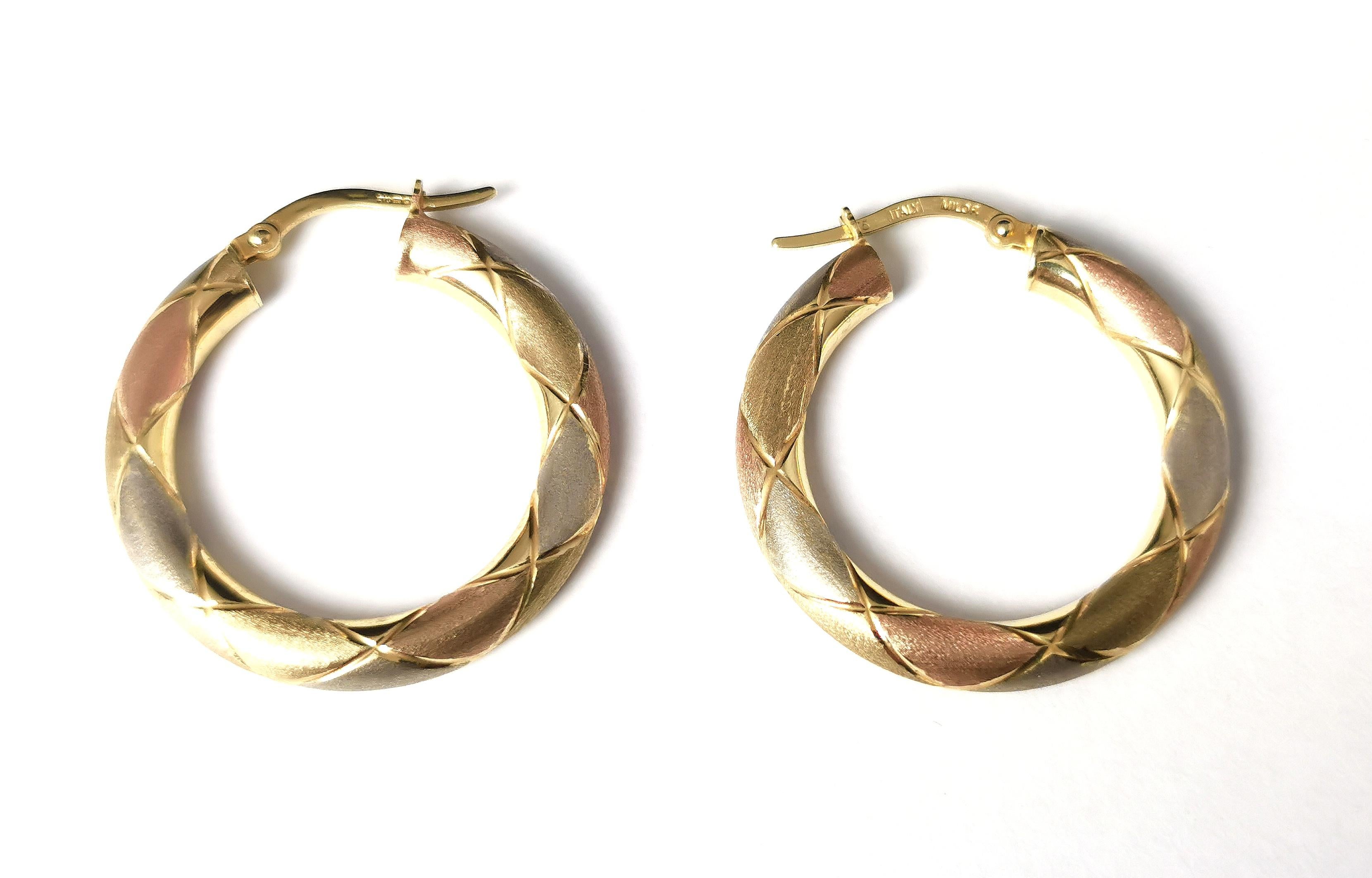Vintage Tri Colour Gold Hoop Earrings, Italian, Engraved 3