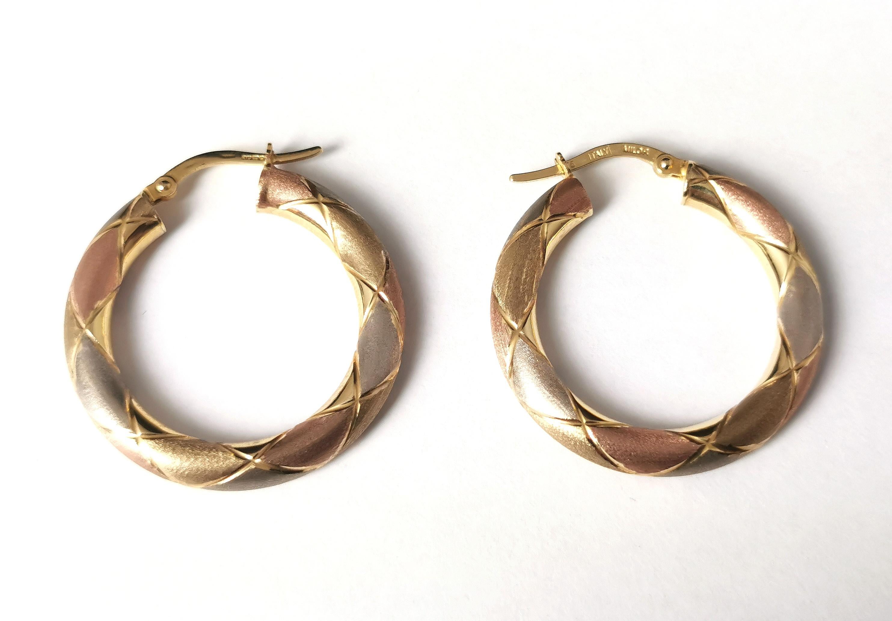 Women's Vintage Tri Colour Gold Hoop Earrings, Italian, Engraved